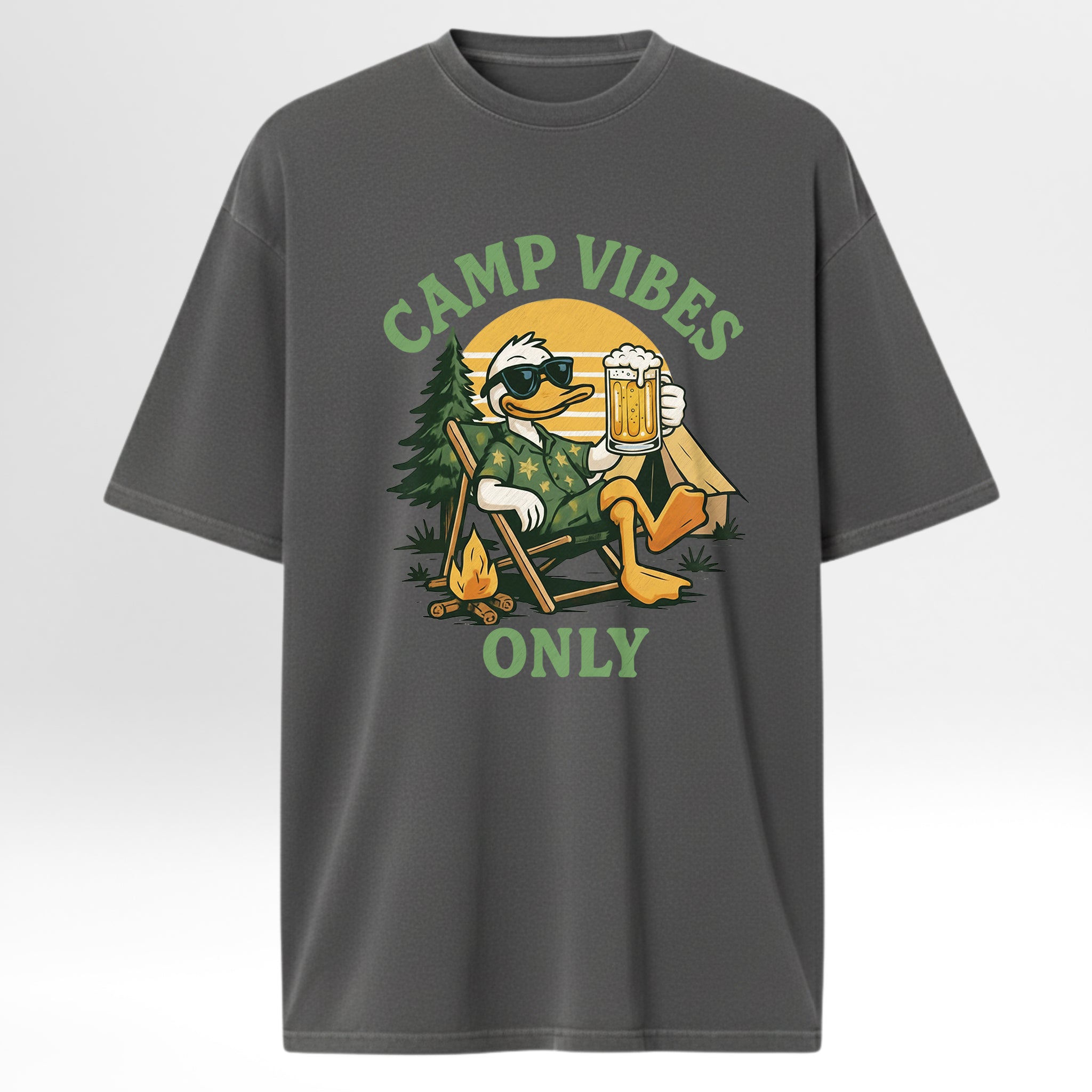 Gray camping graphic t-shirt with a graphic of a duck holding a beer and 'Camp Vibes Only' text on a white background