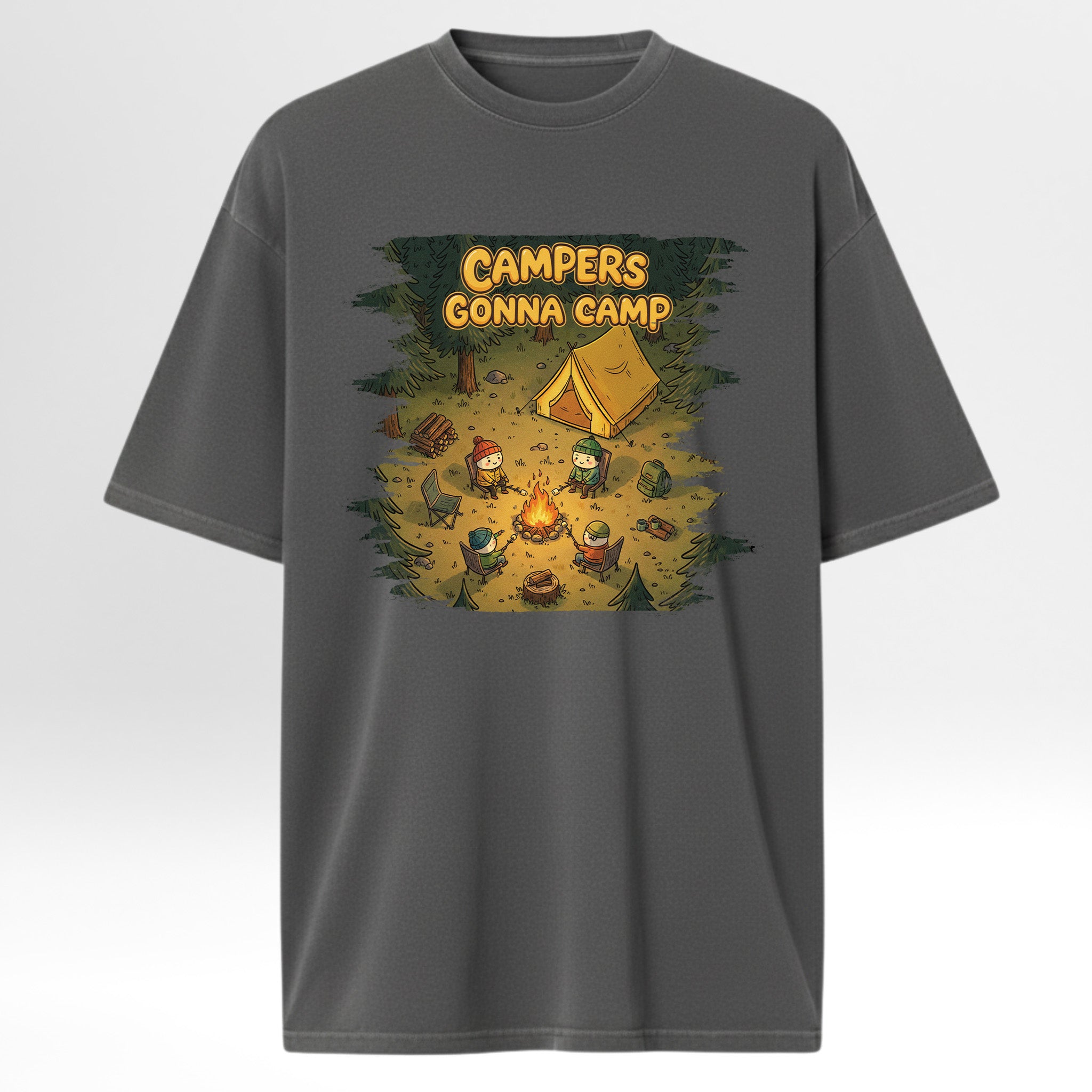 Beige camping graphic t-shirt with a camping graphic and text on a white background