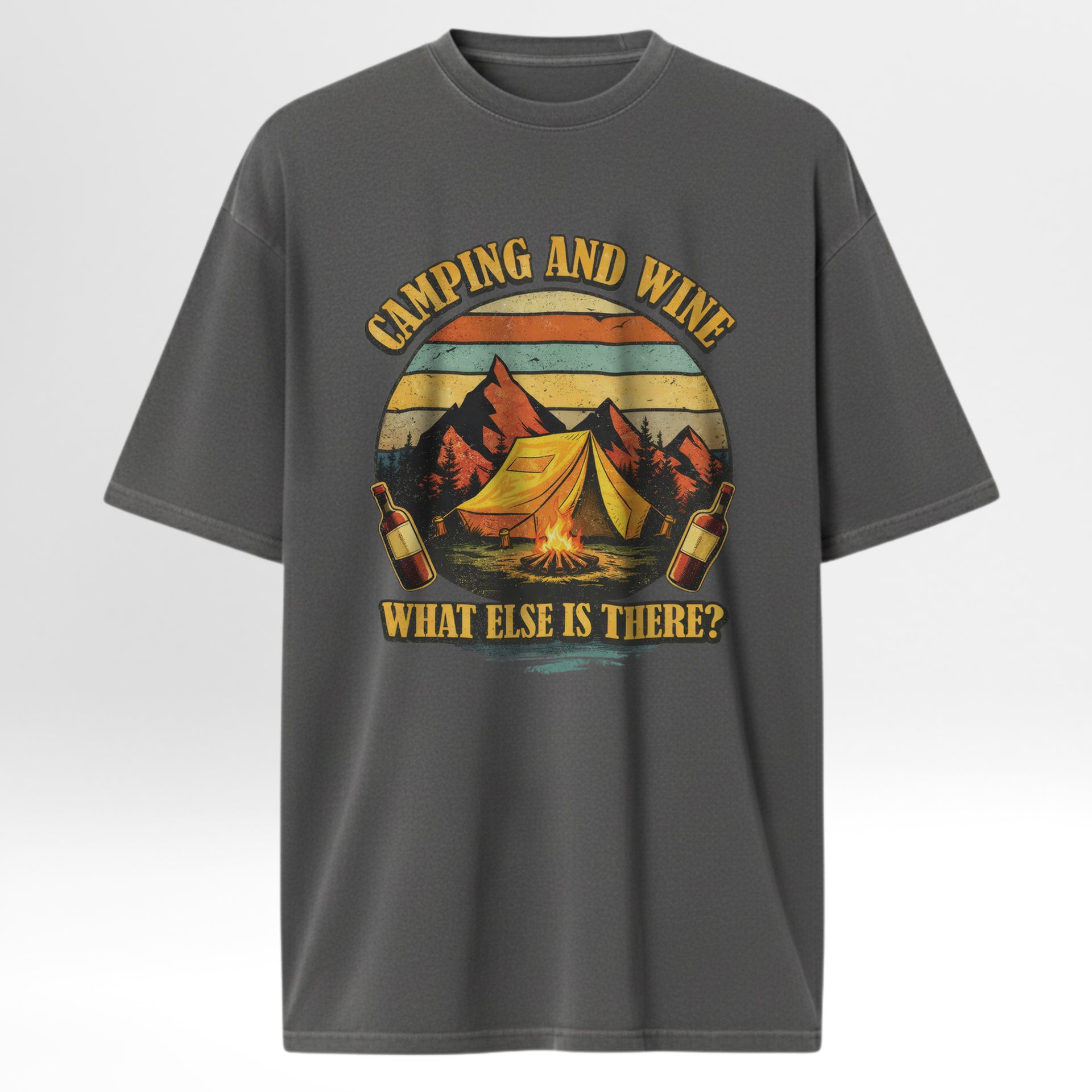 Gray t-shirt with a graphic design of a campsite, tent, and bottles with text 'Camping and Wine, What Else is There?' on a light gray background.