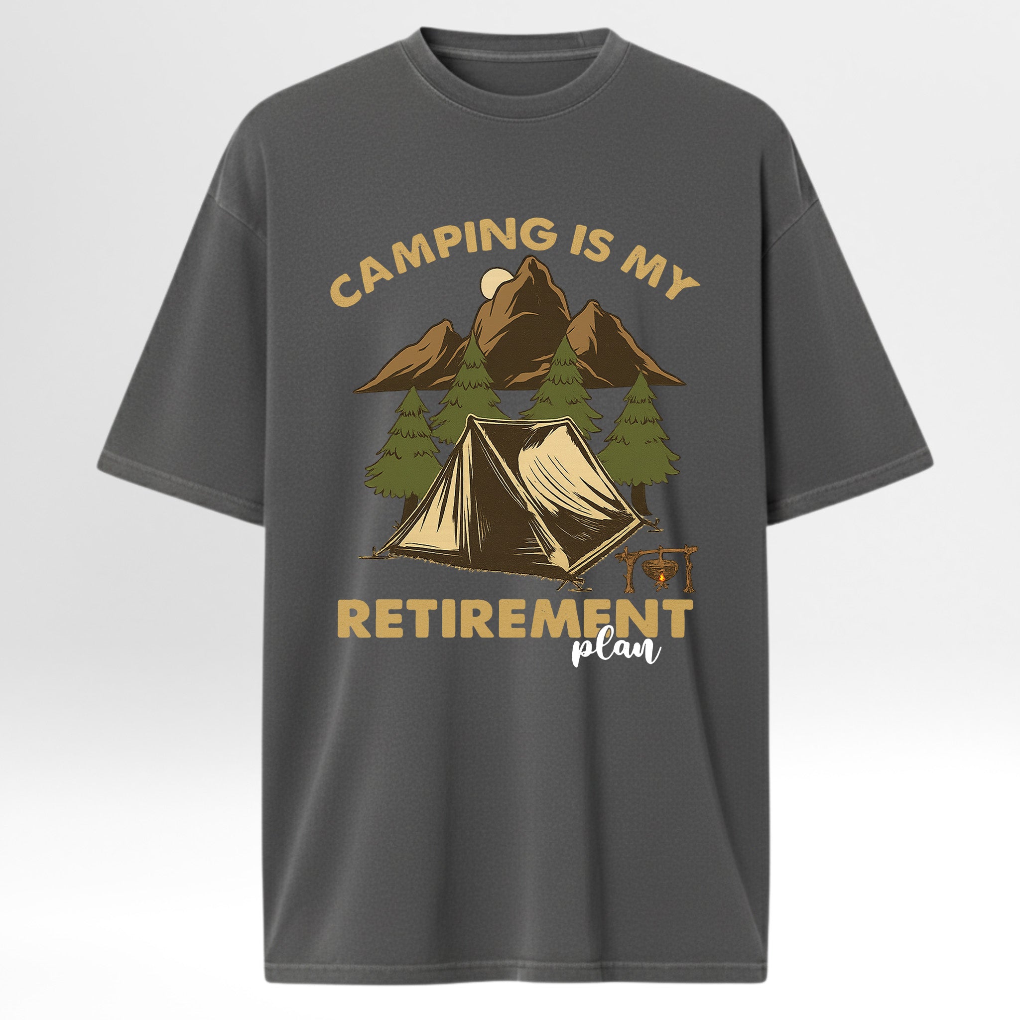Gray camping graphic t-shirt with camping graphic and text on a white background
