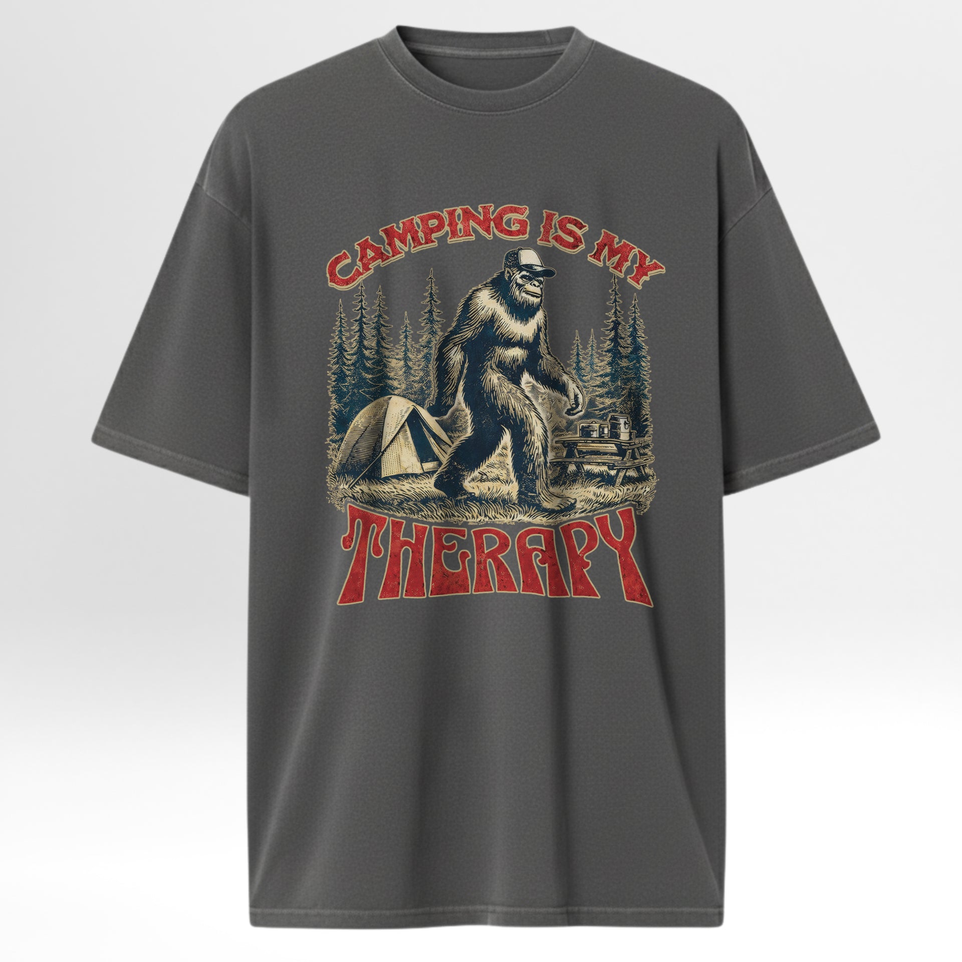 Gray camping t-shirt with 'Camping is my Therapy' graphic featuring a bear and tent.