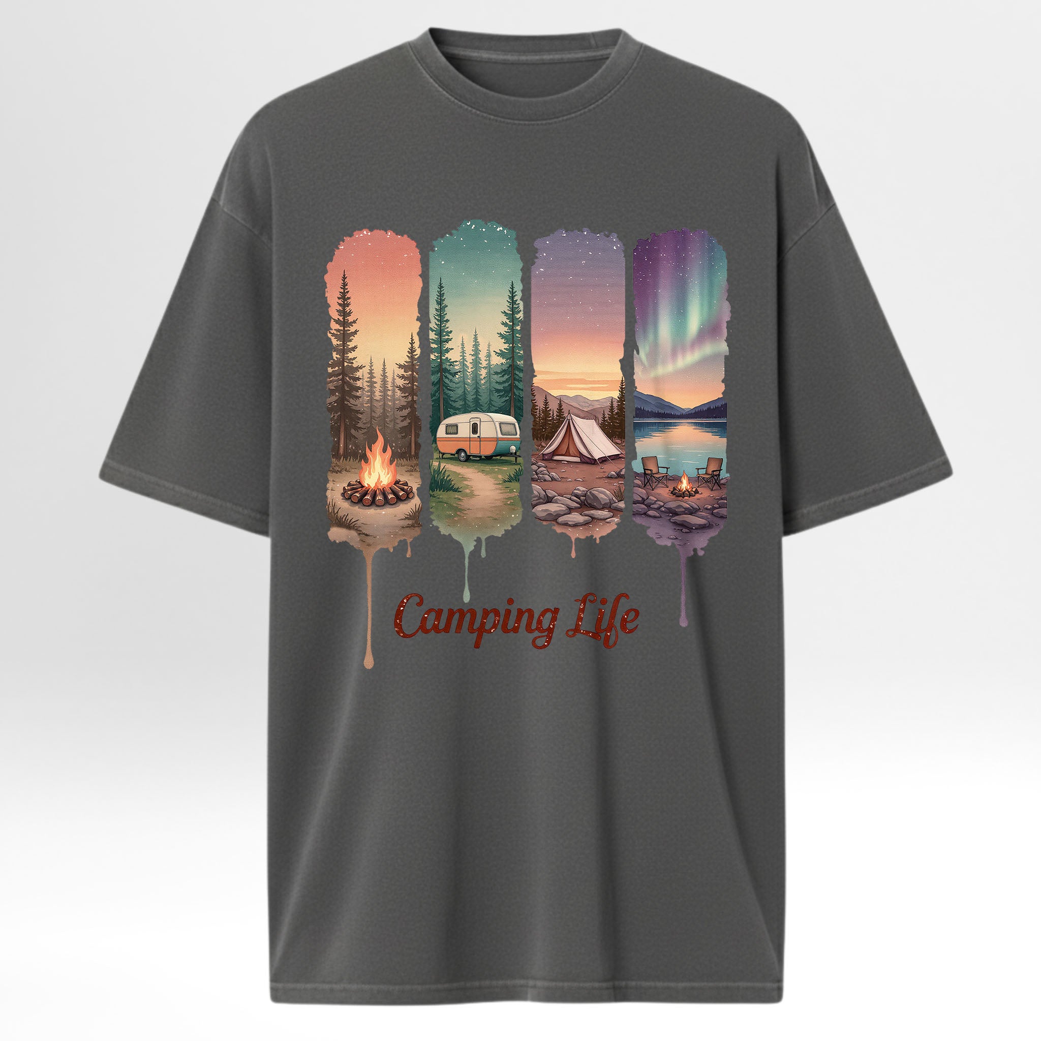 Gray camping graphic t-shirt with a camping-themed graphic and 'Camping Life' text on a white background