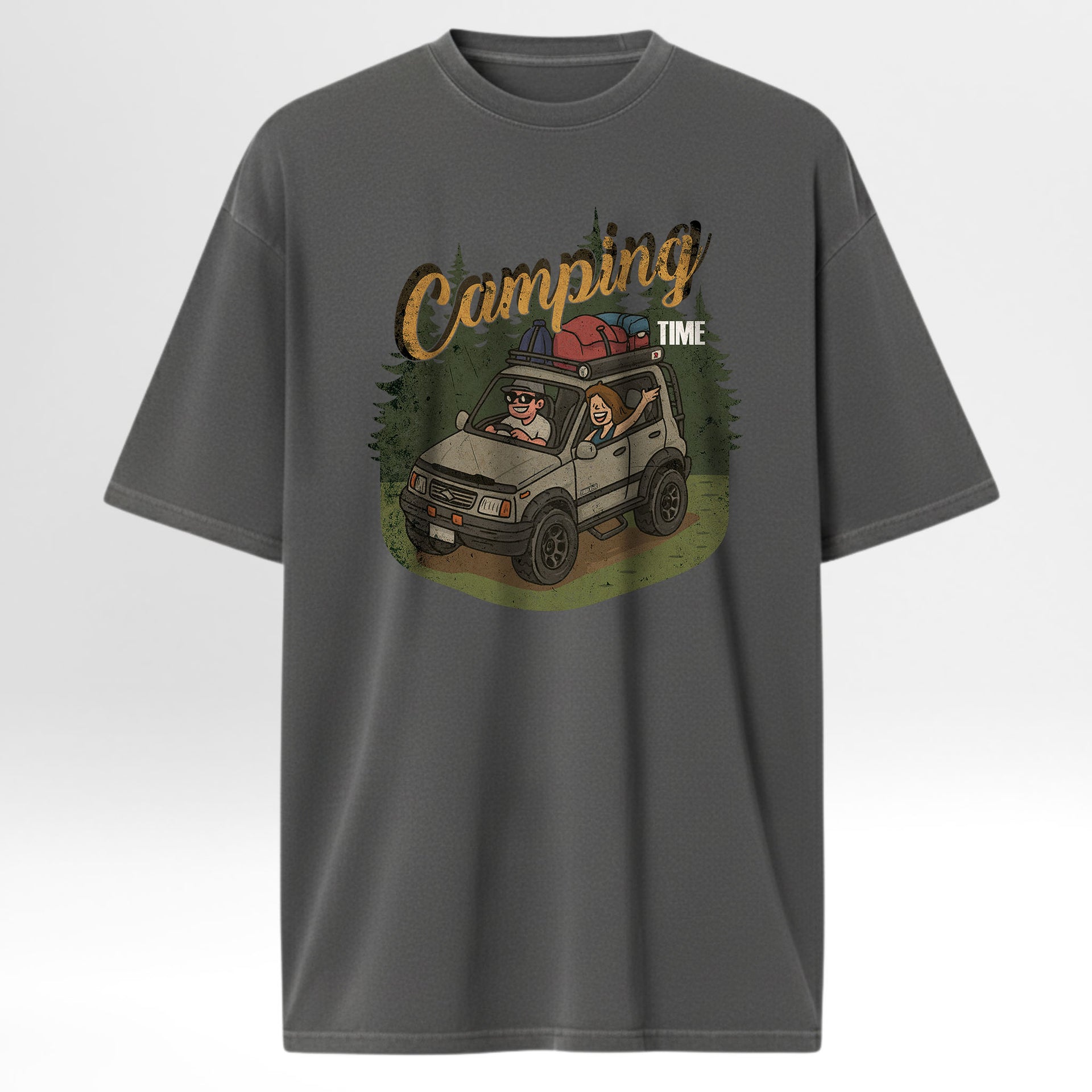 Gray camping t-shirt with a 'Camping Time' graphic design featuring a car and people.