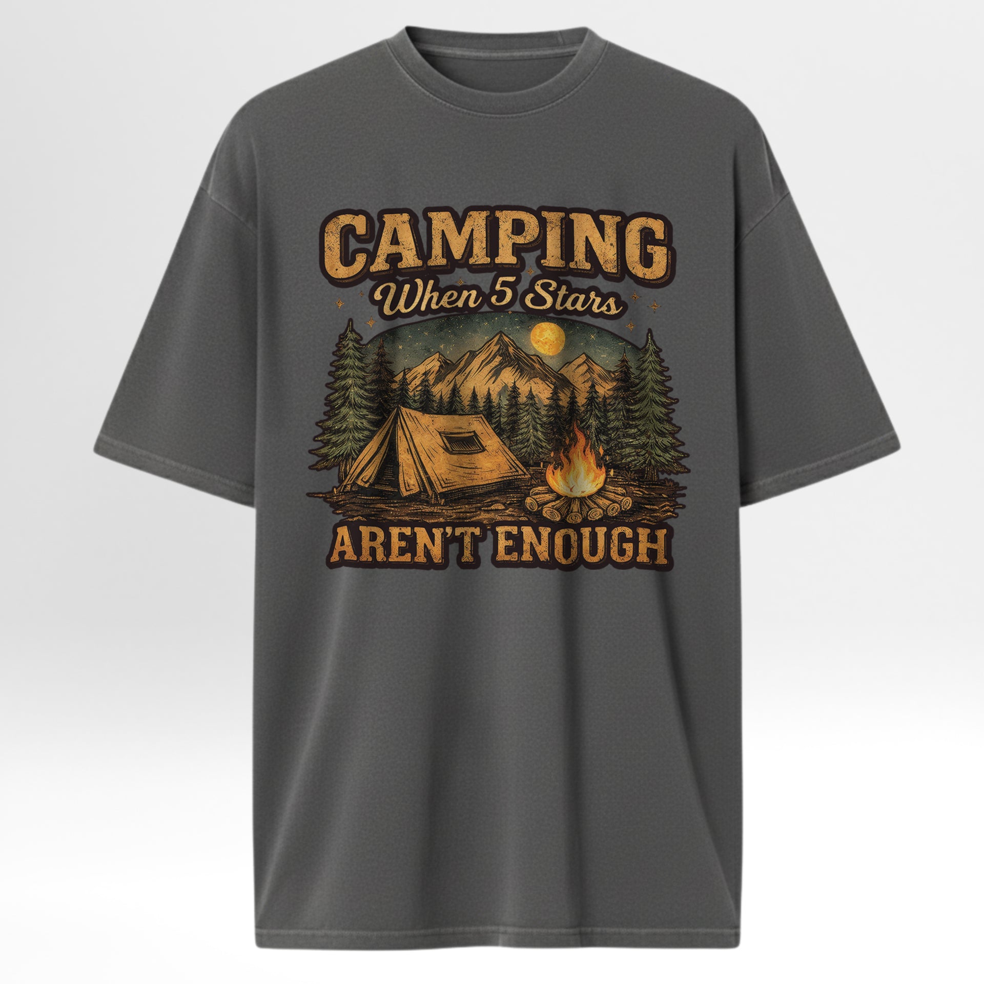 Gray camping t-shirt with camping graphic and text 'Camping When 5 Stars Aren't Enough'.