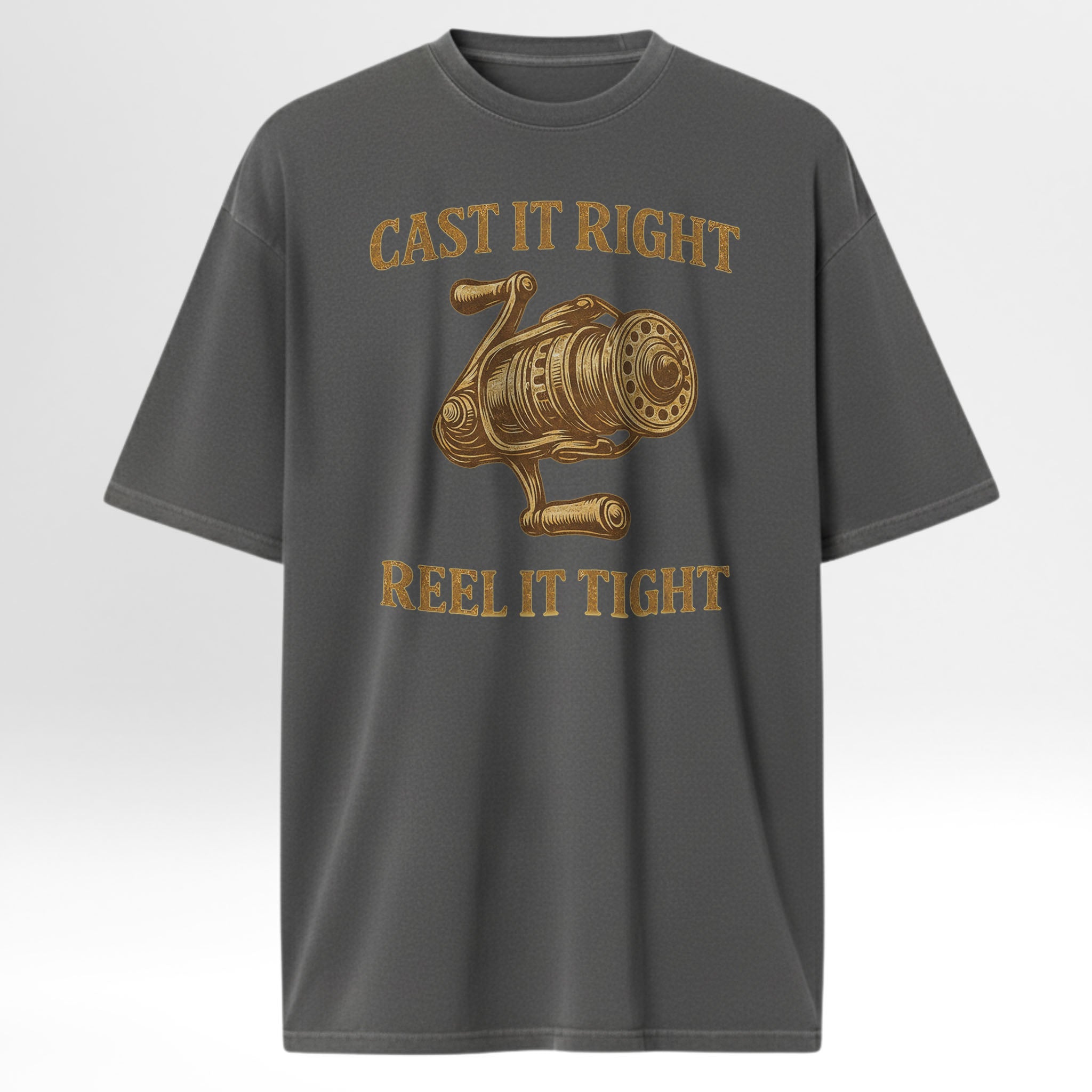 Gray fishing t-shirt with gold fishing reel graphic and text on a light gray background