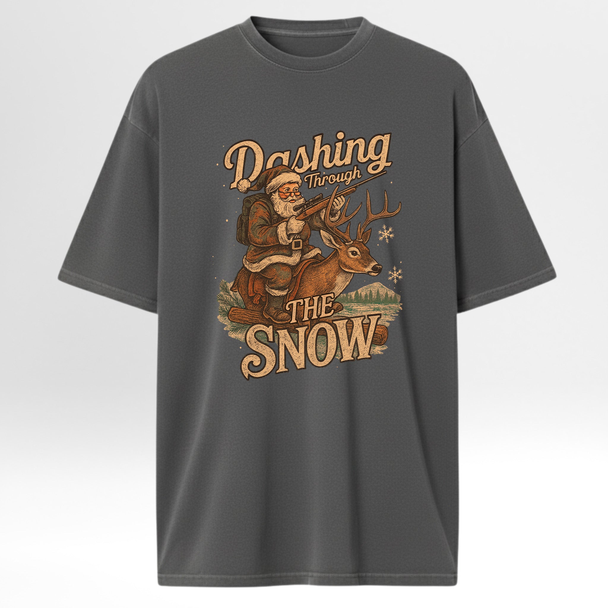 Gray hunting graphic t-shirt with a festive graphic of Santa Claus and a deer, text 'Dashing Through The Snow'