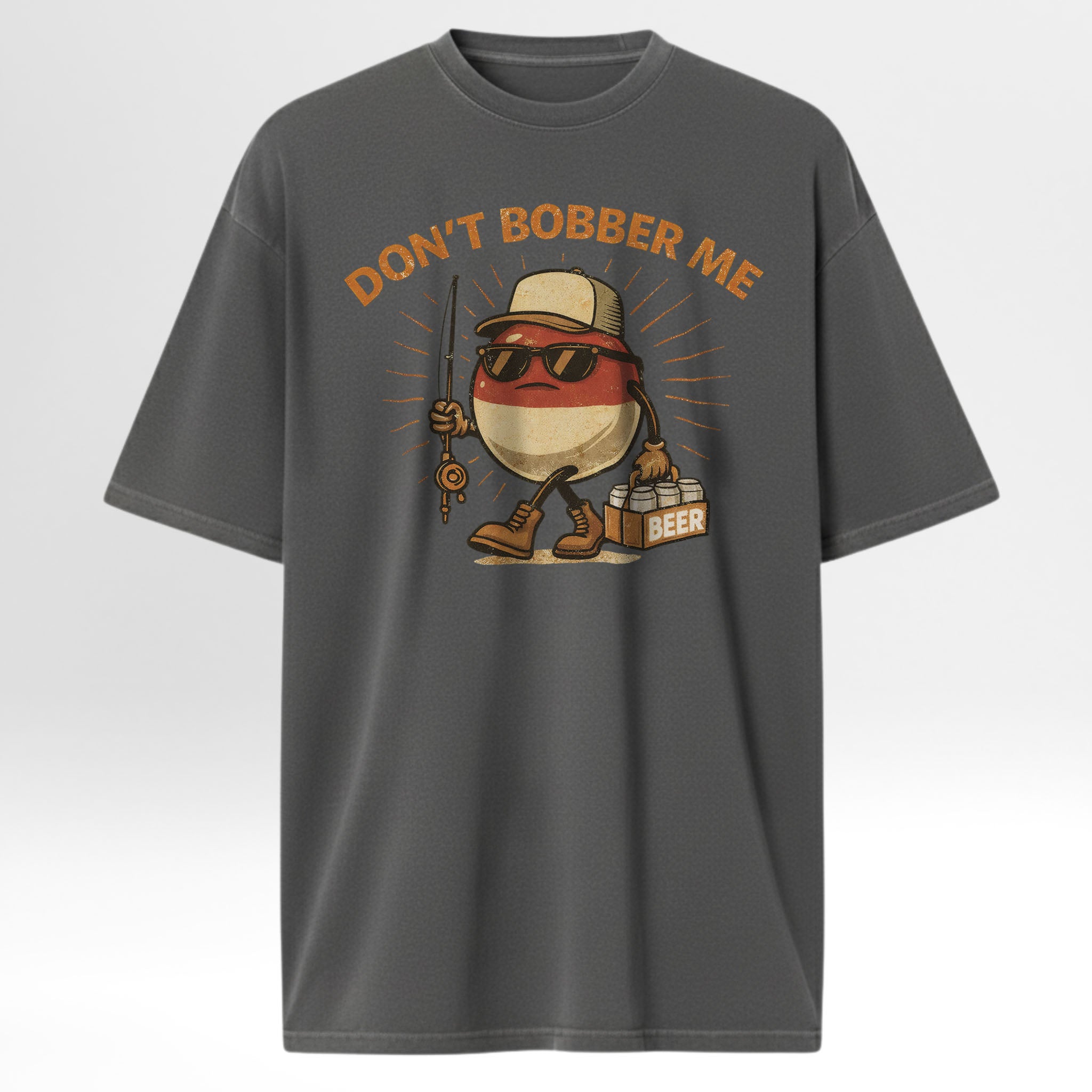 Gray fishing t-shirt with a graphic design featuring a bobber and text 'Don't Bobber Me'.
