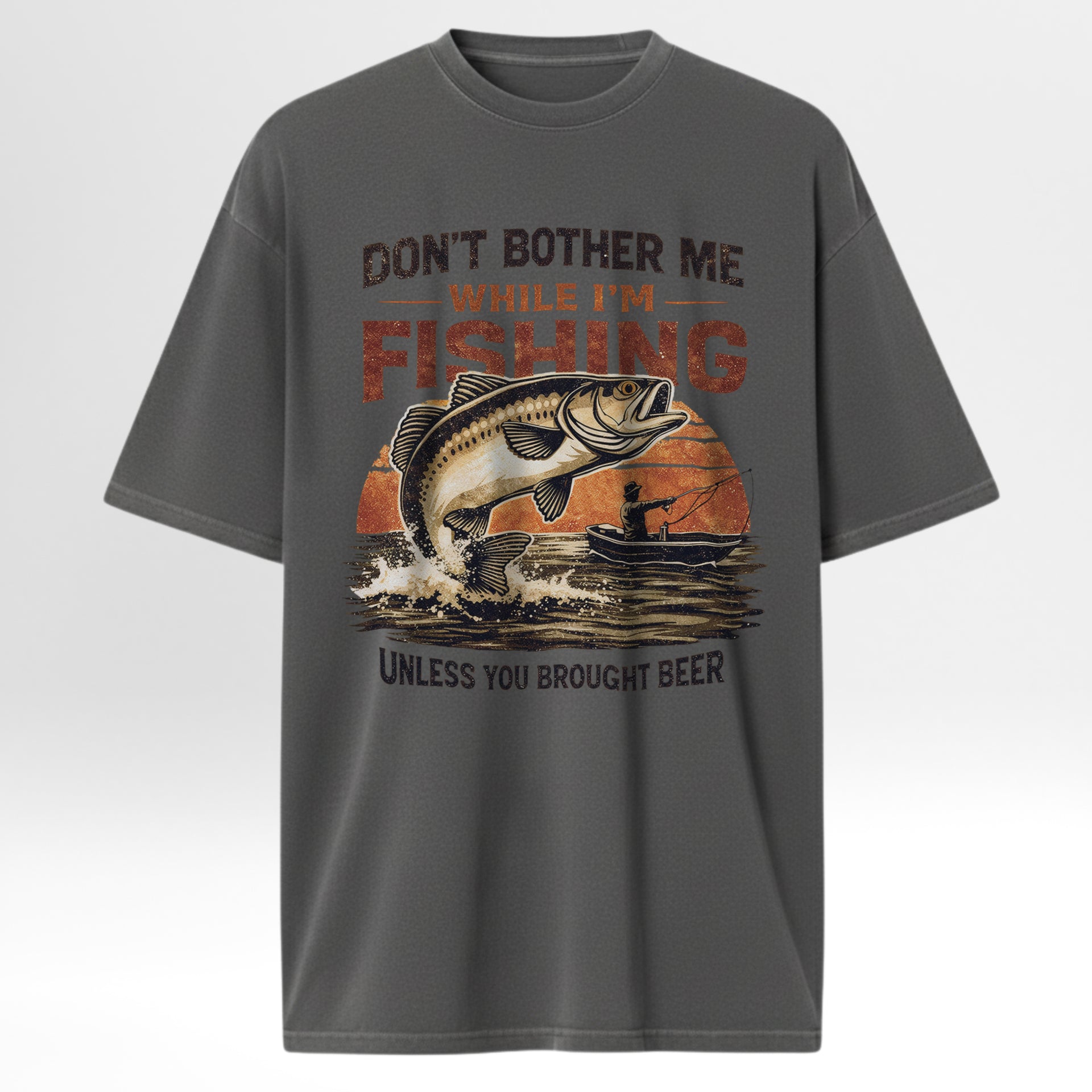 Gray fishing t-shirt with fishing graphic and text 'Don't Bother Me While I'm Fishing Unless You Brought Beer'