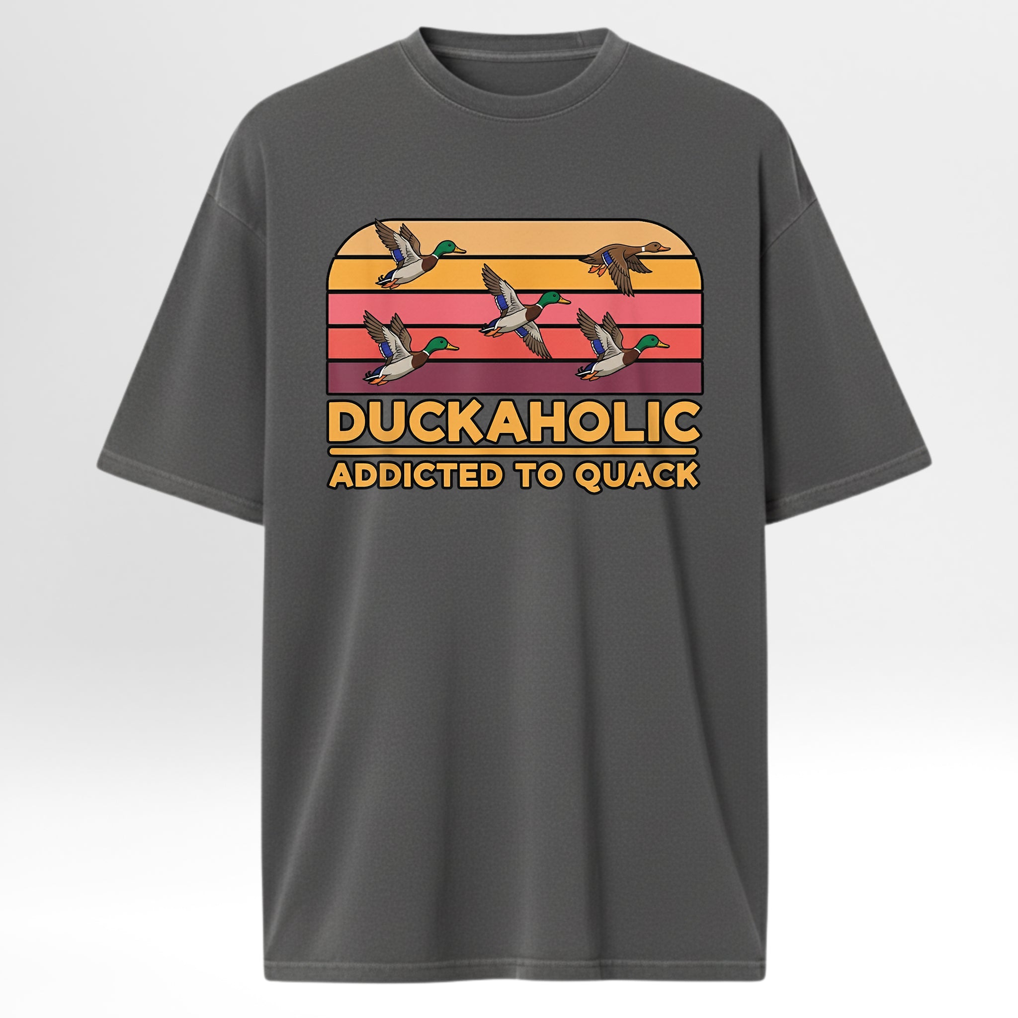 Gray hunting graphic t-shirt with duck-themed graphic and text on a white background