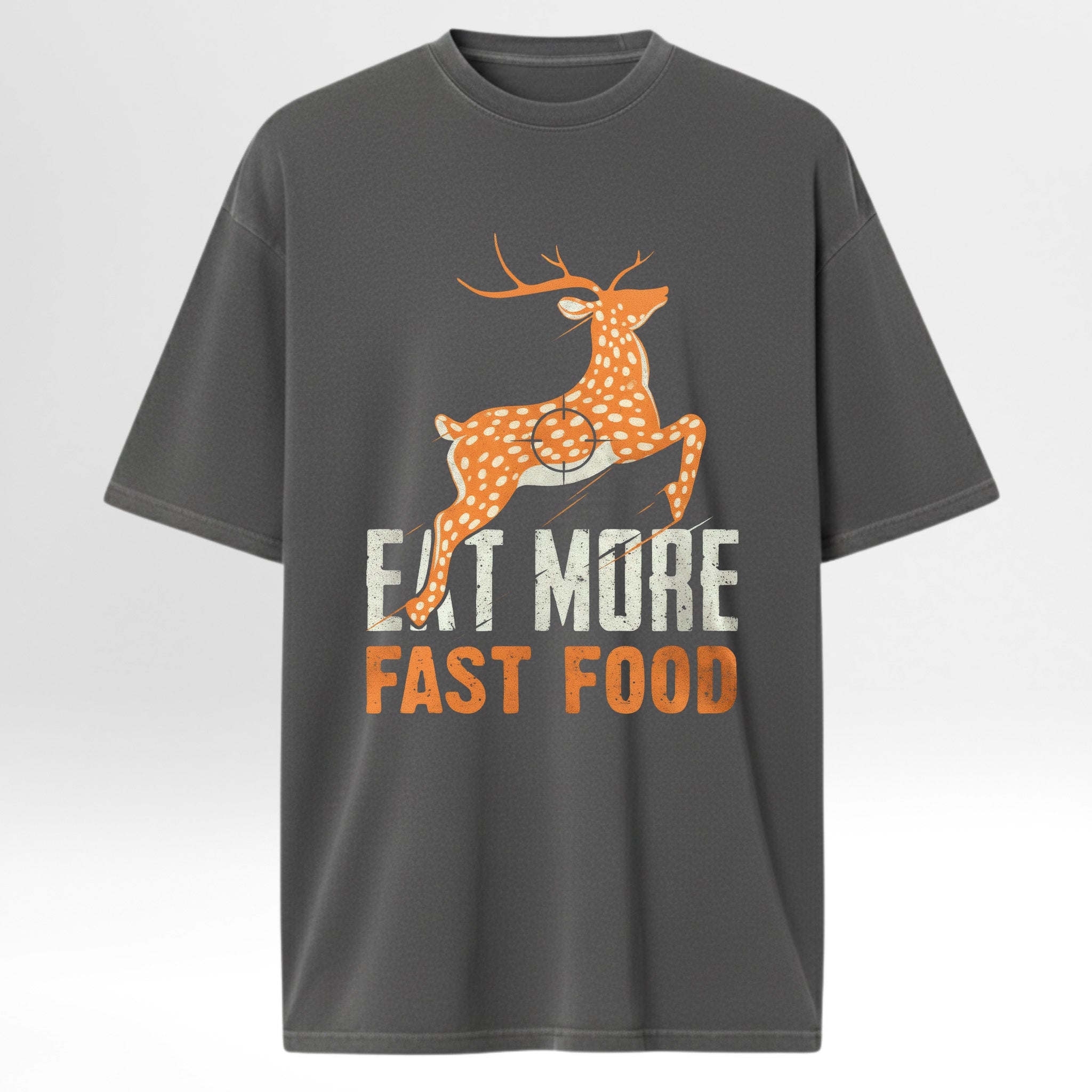 Gray hunting graphic t-shirt with a deer graphic and 'Eat More Fast Food' text on a white background