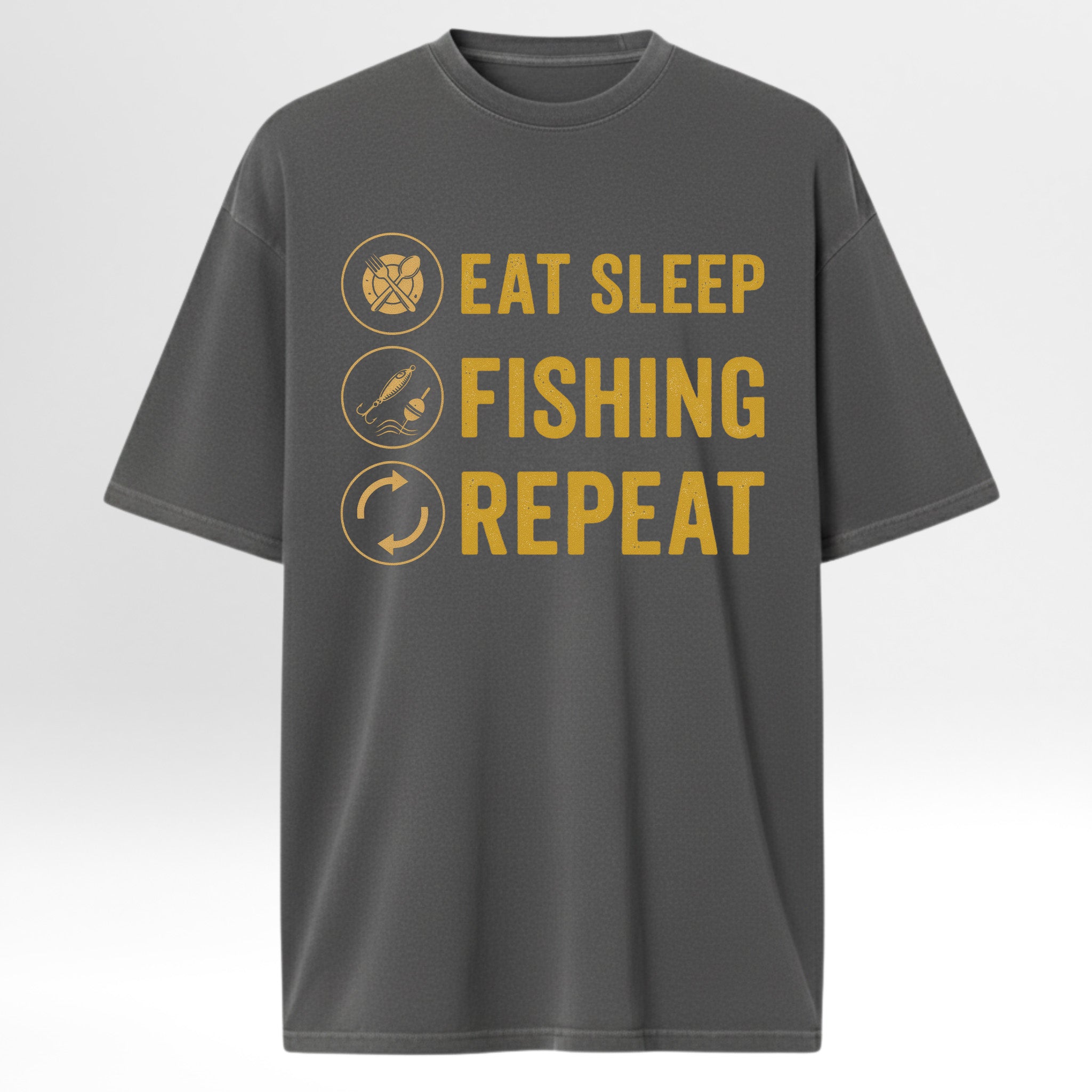Gray fishing graphic t-shirt with 'Eat Sleep Fishing Repeat' text and fishing-related icons on a white background