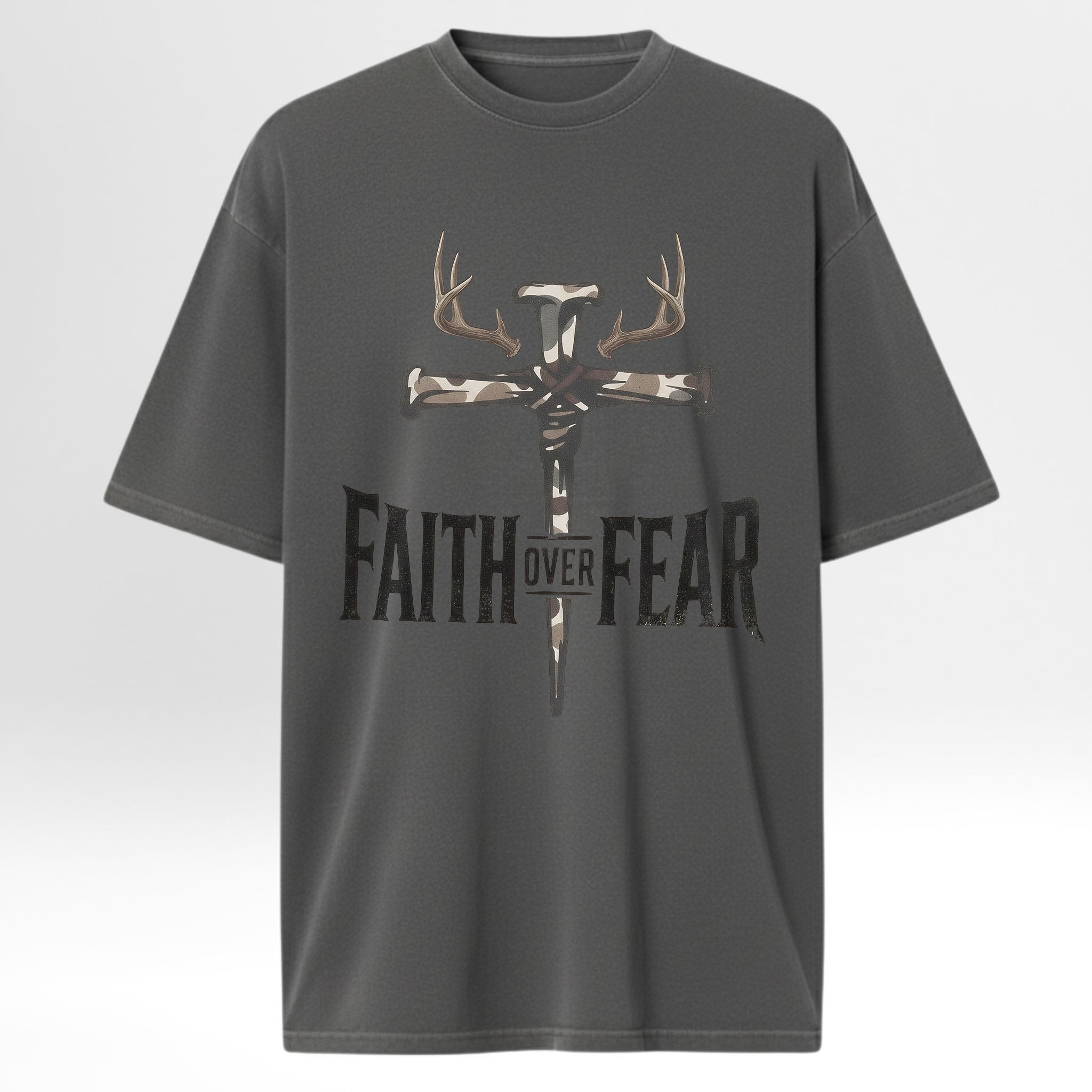 Gray hunting graphic t-shirt with a cross and antlers graphic and 'Faith Over Fear' text on a white background