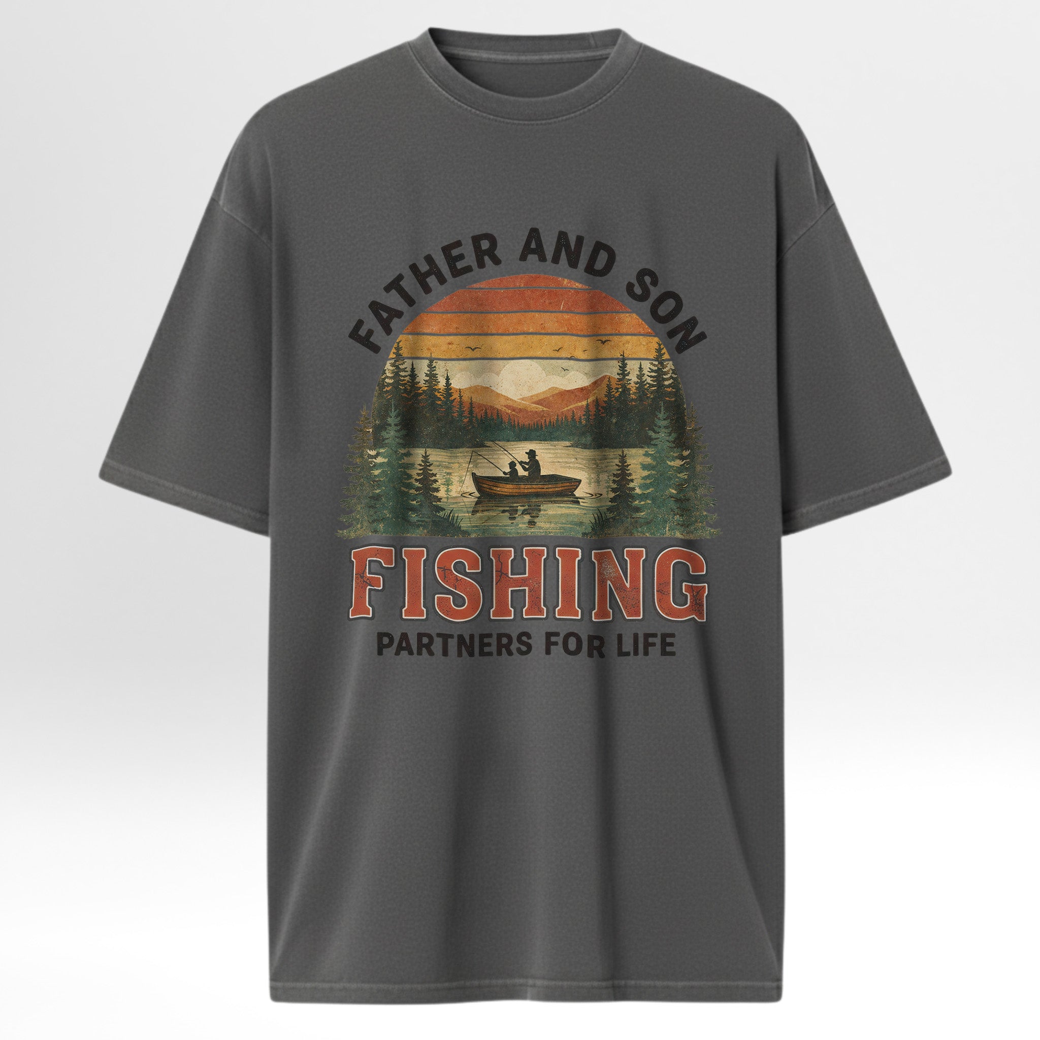 Gray fishing t-shirt with fishing graphic and text on a white background