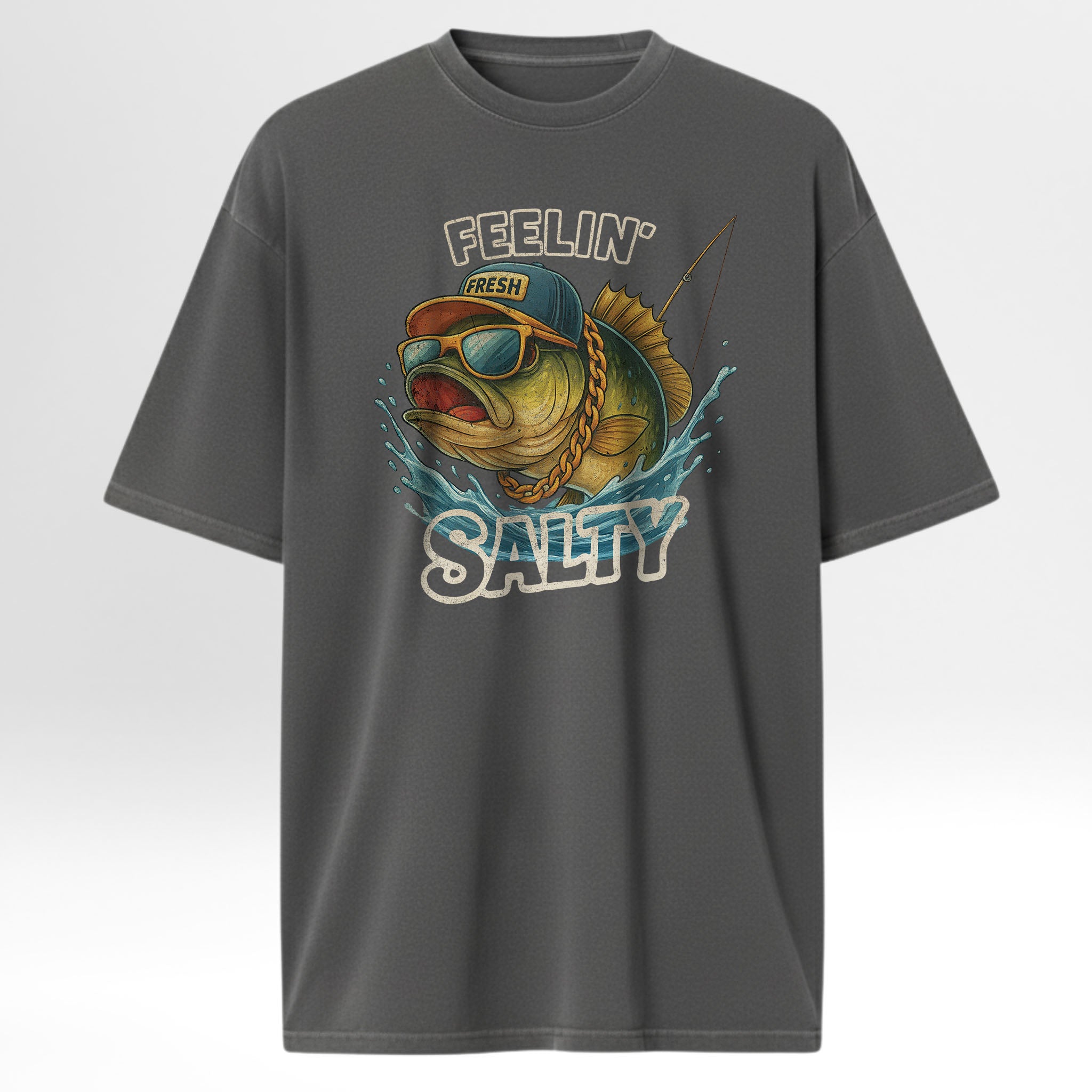 Gray fishing t-shirt with fishing graphic and text 'Feeling Salty'.