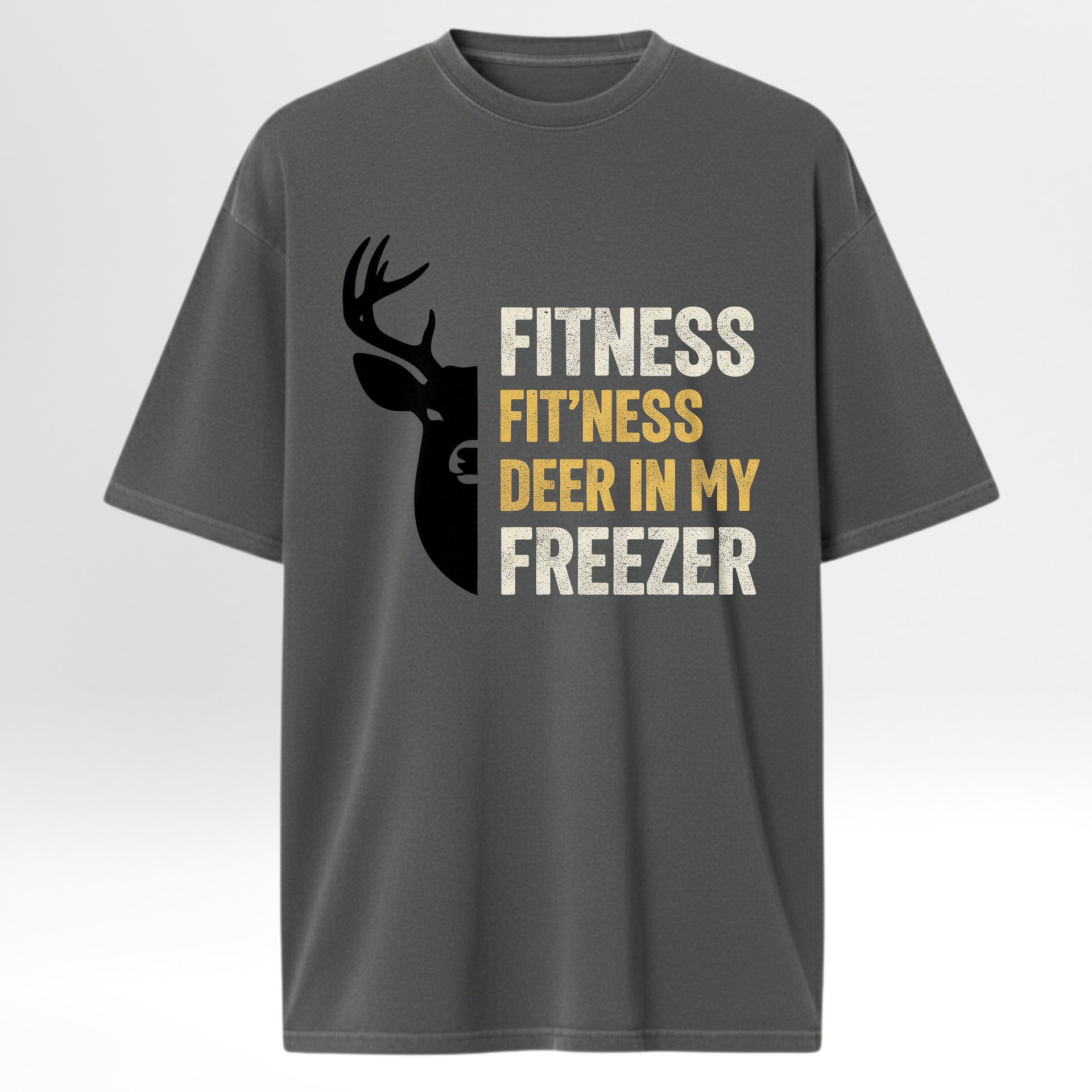 Gray hunting graphic t-shirt with a graphic of a deer and text on a white background
