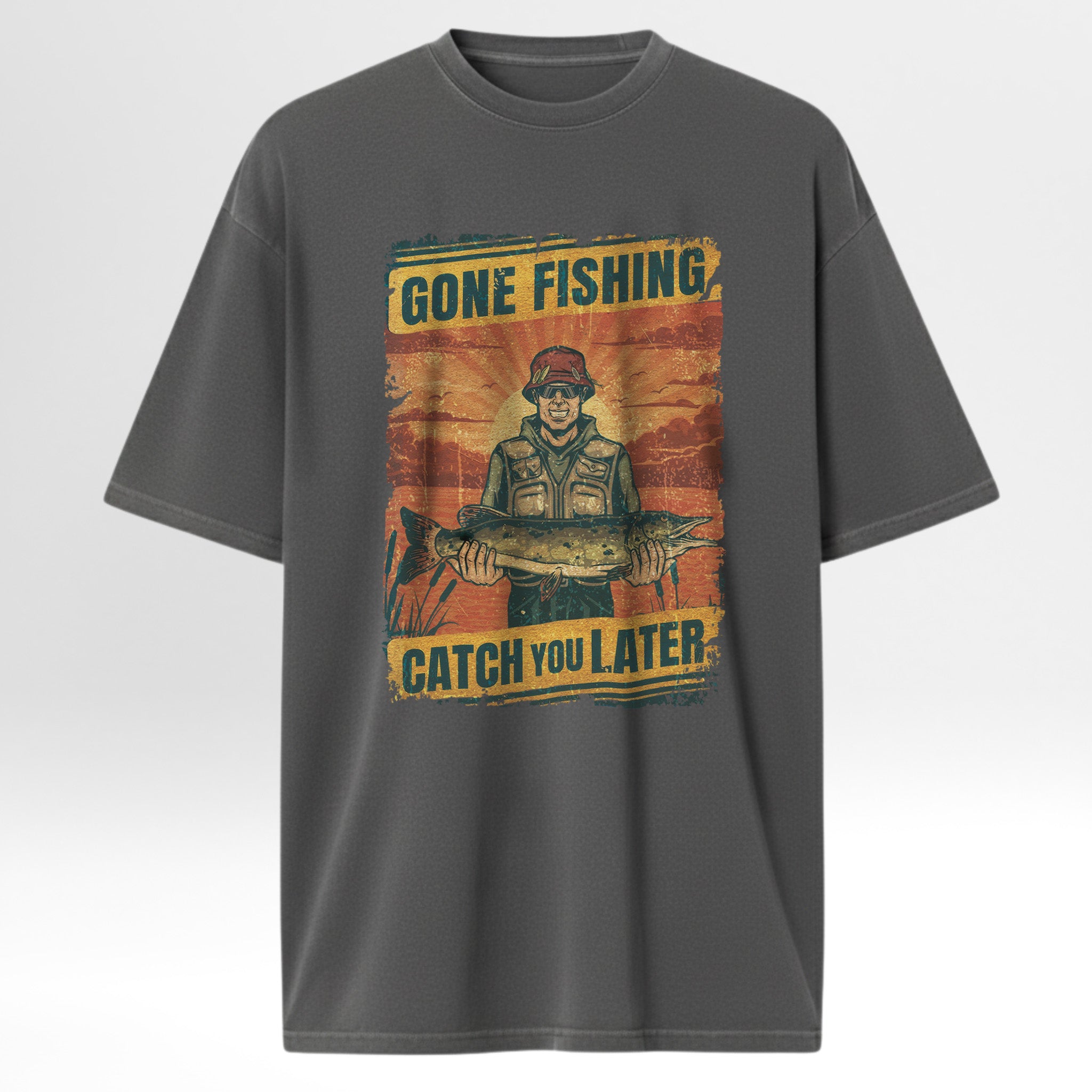 Gray fishing t-shirt with a graphic of a man holding a fish and text 'Gone Fishing, Catch You Later'.