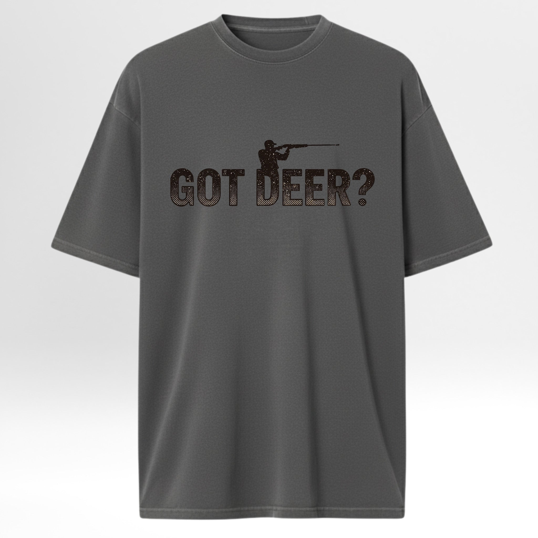 Gray hunting graphic  t-shirt with 'GOT DEER?' text and hunting graphic on a white background