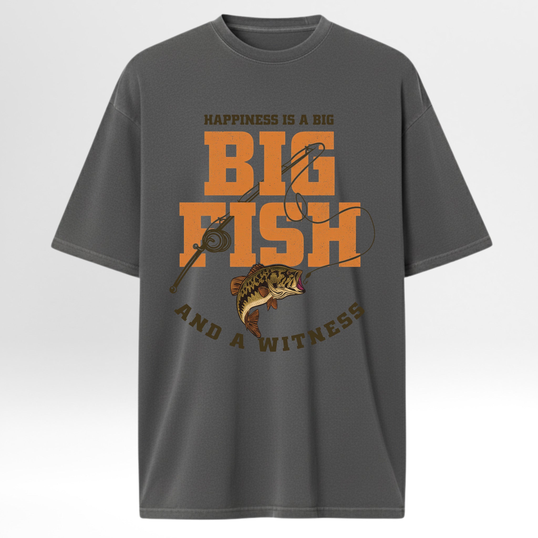 Gray t-shirt with fishing graphic and text 'Happiness Is A Big Big Fish And A Witness'