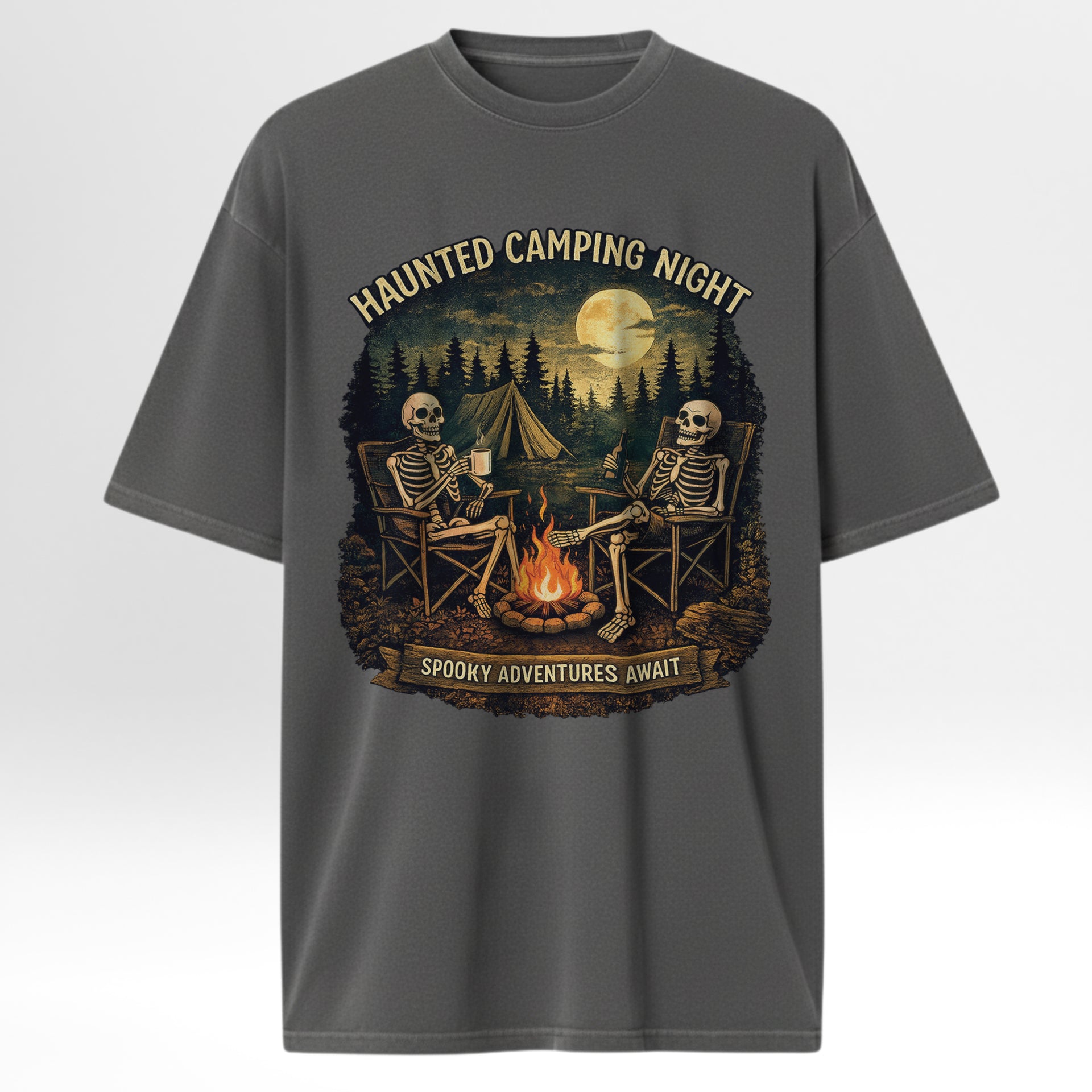Gray camping t-shirt with skeleton design and 'Haunted Camping Night' text.