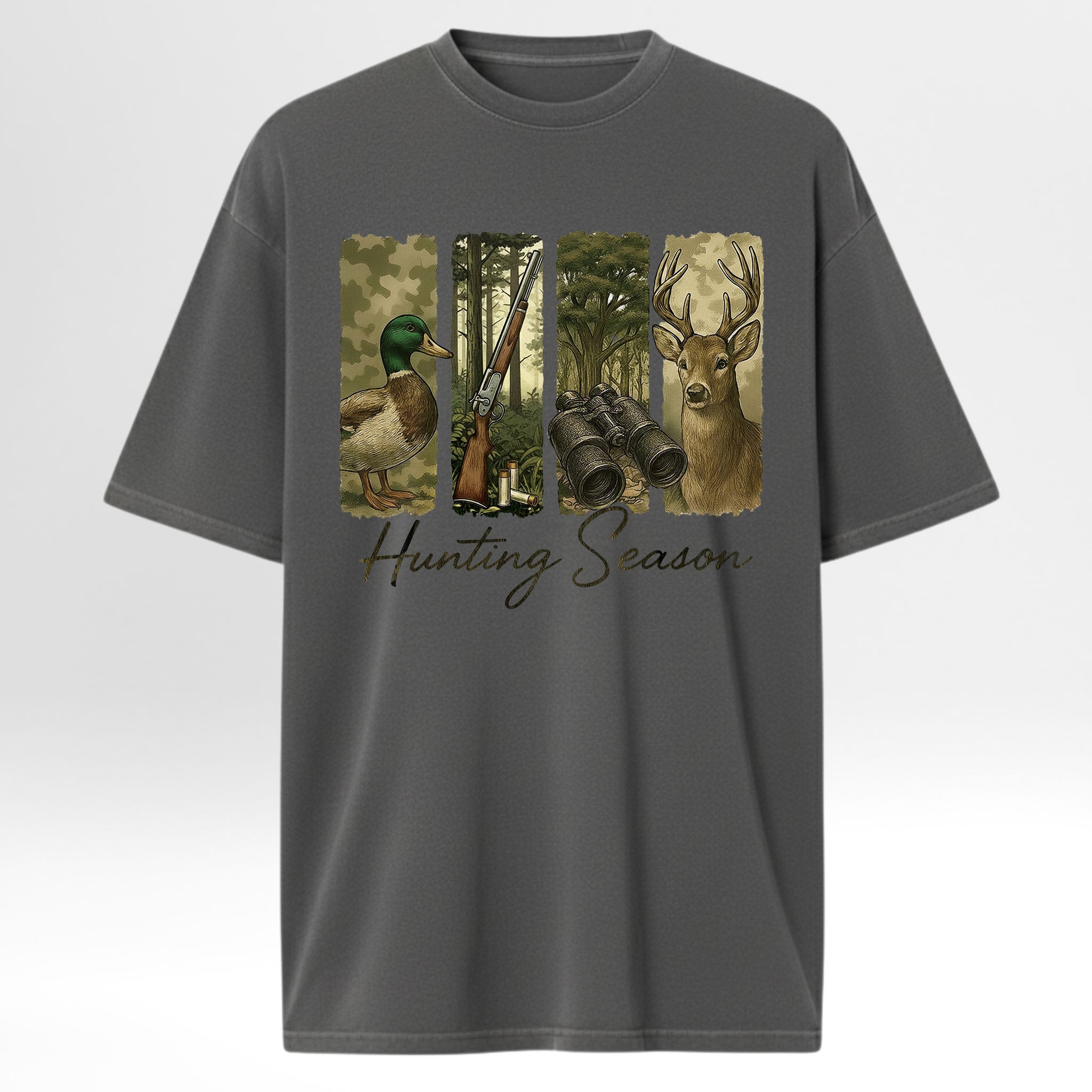 Gray hunting graphic t-shirt with hunting-themed graphic and 'Hunting Season' text on a white background
