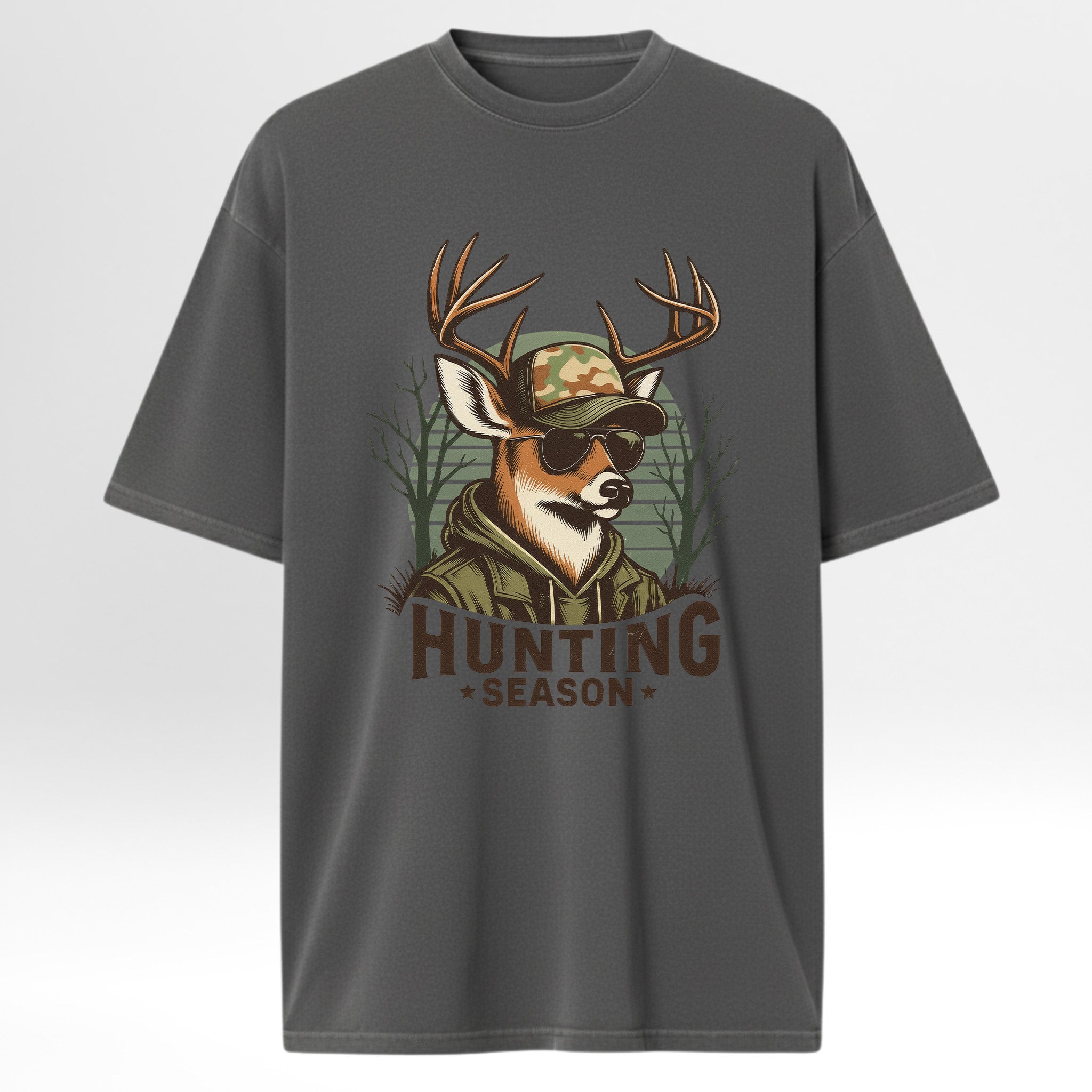 Gray hunting graphic t-shirt with a deer graphic and 'Hunting Season' text on a white background