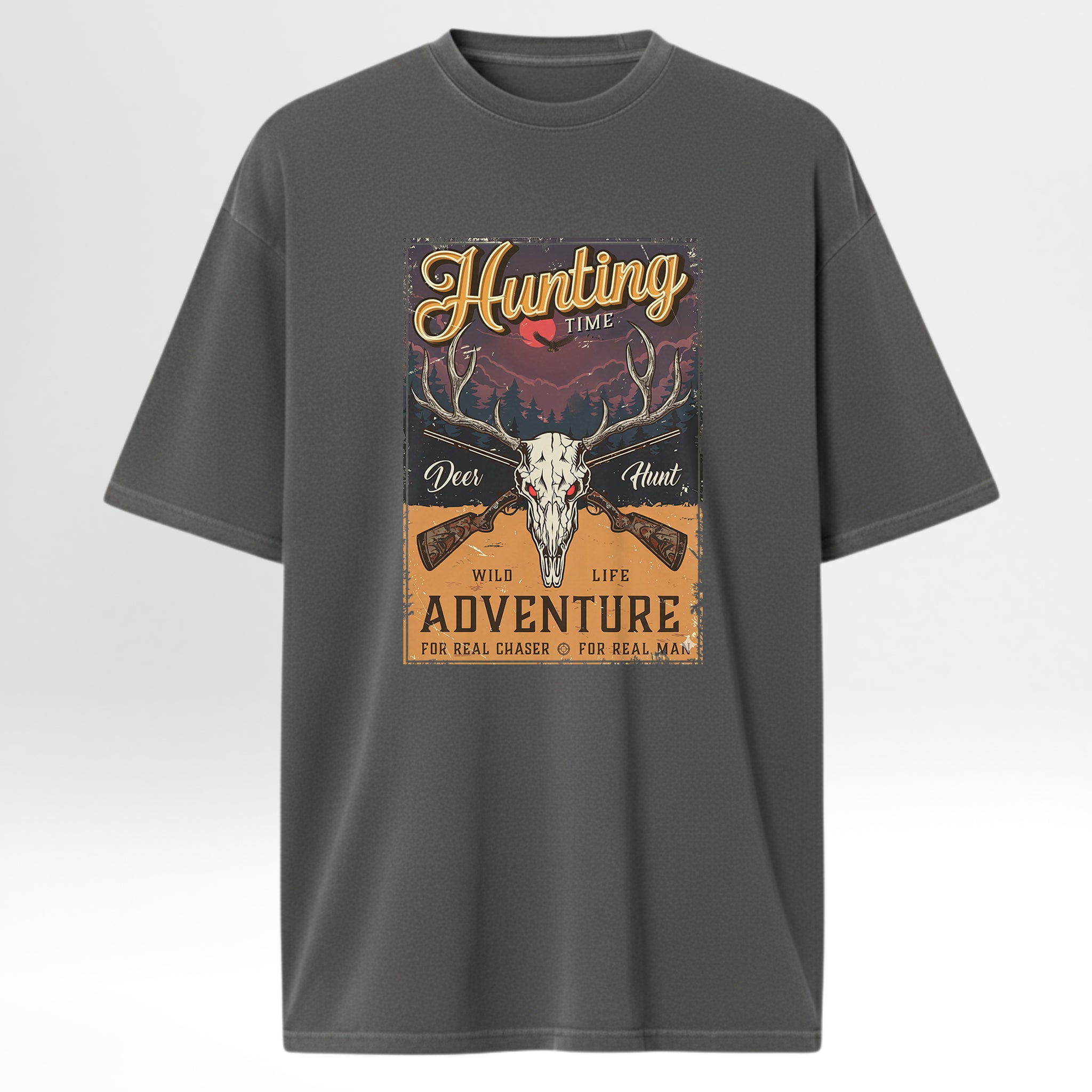 Gray t-shirt with hunting-themed graphic design with text 'Hunting Time Deer Hunt Wild Life Adventure For Real Chaser For Real Man'