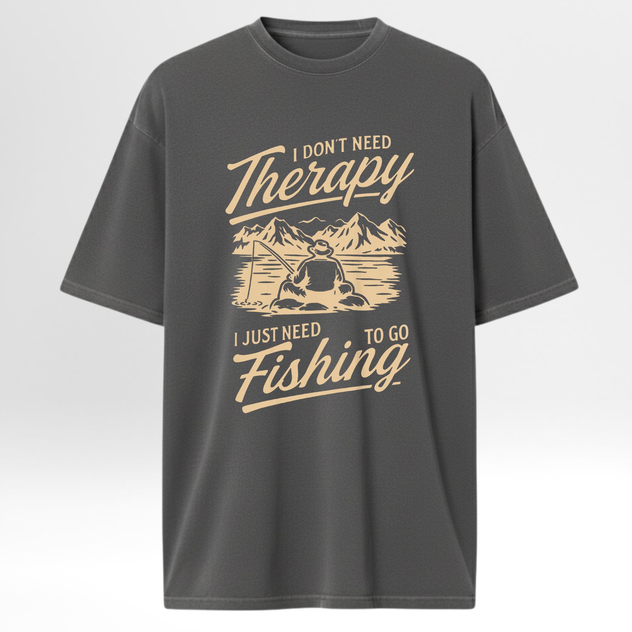 Gray fishing t-shirt with fishing graphic and text 'I Don't Need Therapy I Just Need To Go Fishing'