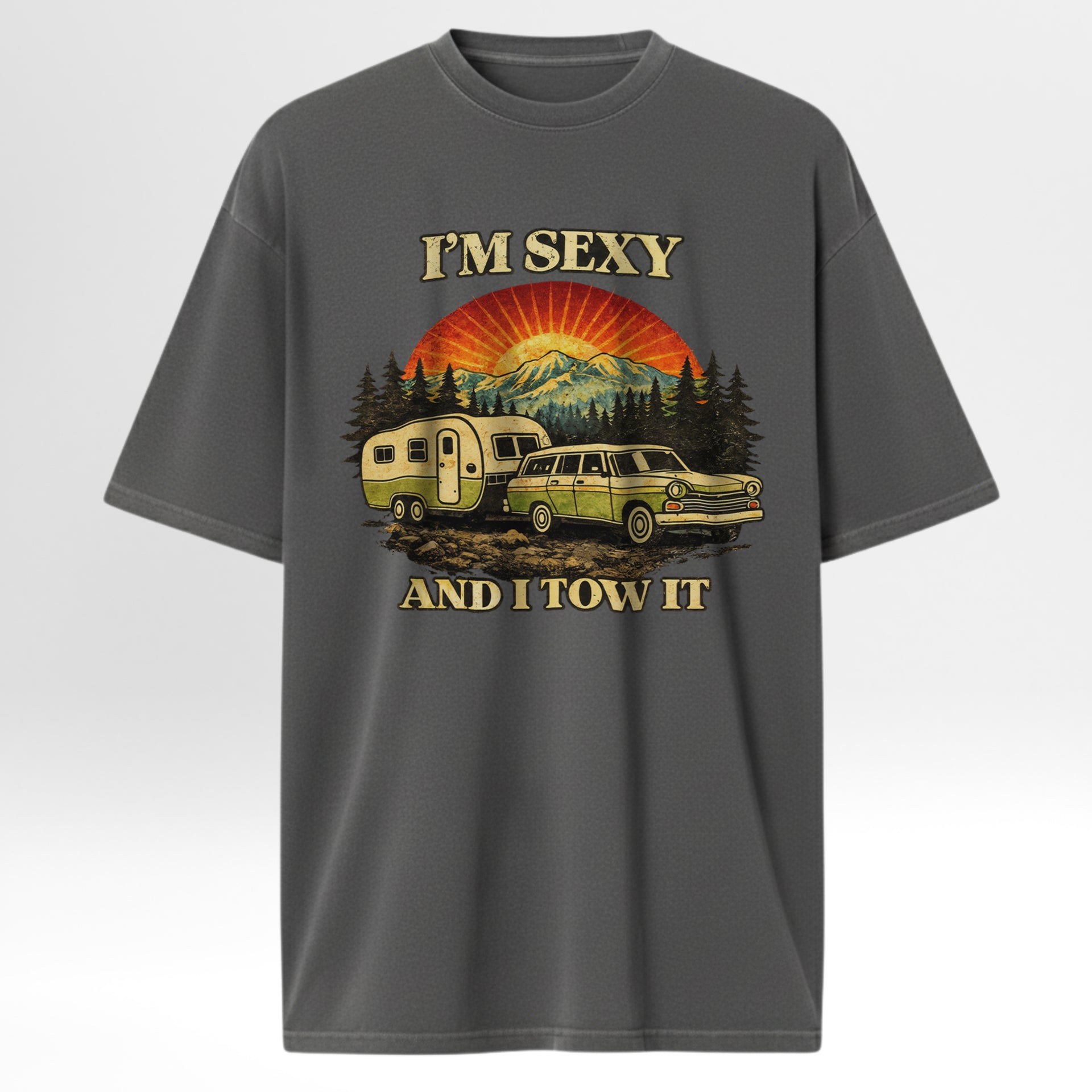 Gray outdoor t-shirt with a graphic design of a vintage car towing a camper and text 'I'm Sexy and I Tow It'.
