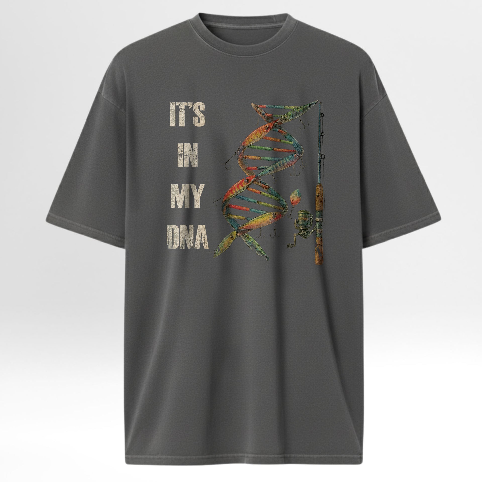 Gray fishing t-shirt with DNA graphic and text 'It's in my DNA'.