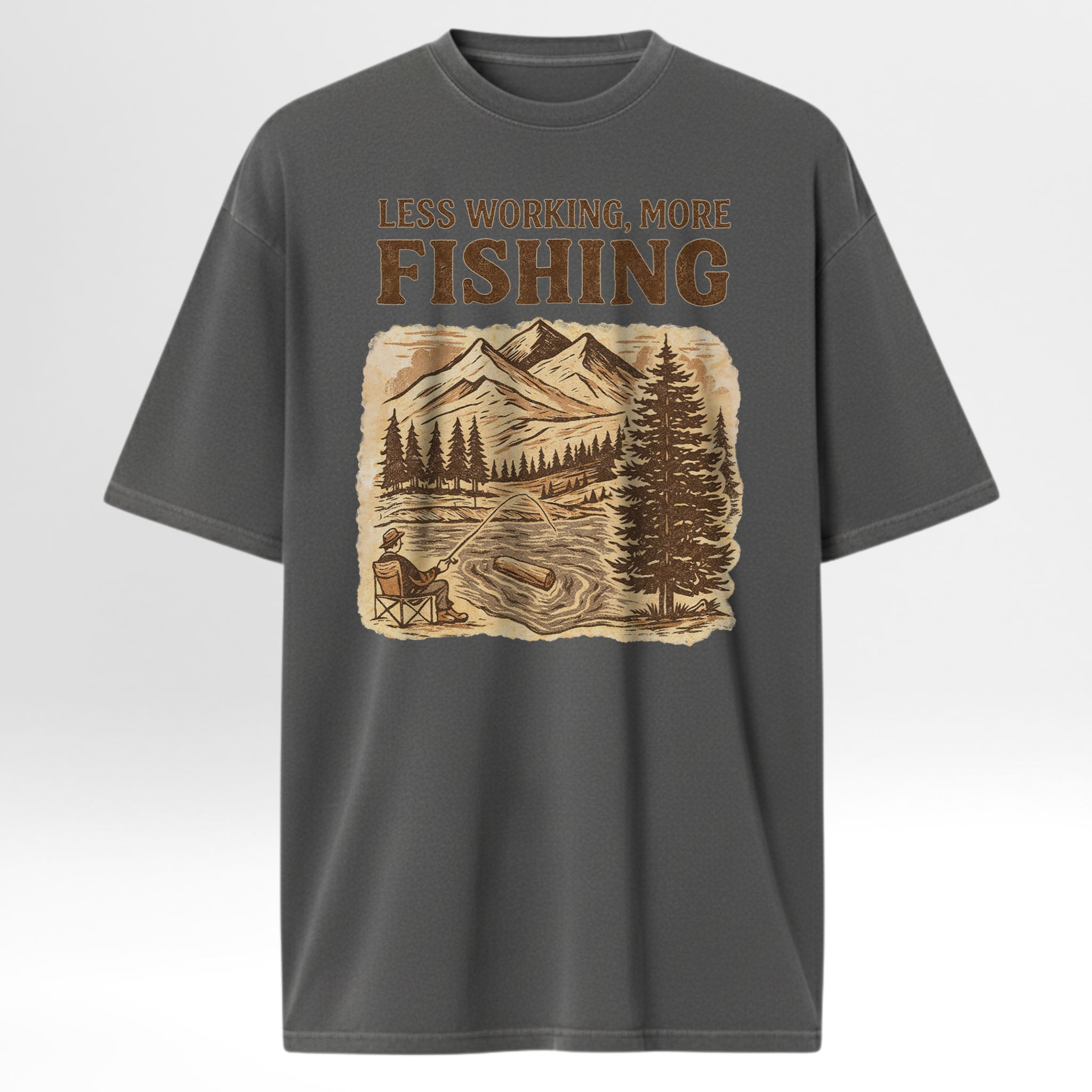 Gray fishing t-shirt with fishing graphic and text 'Less Working, More Fishing'.