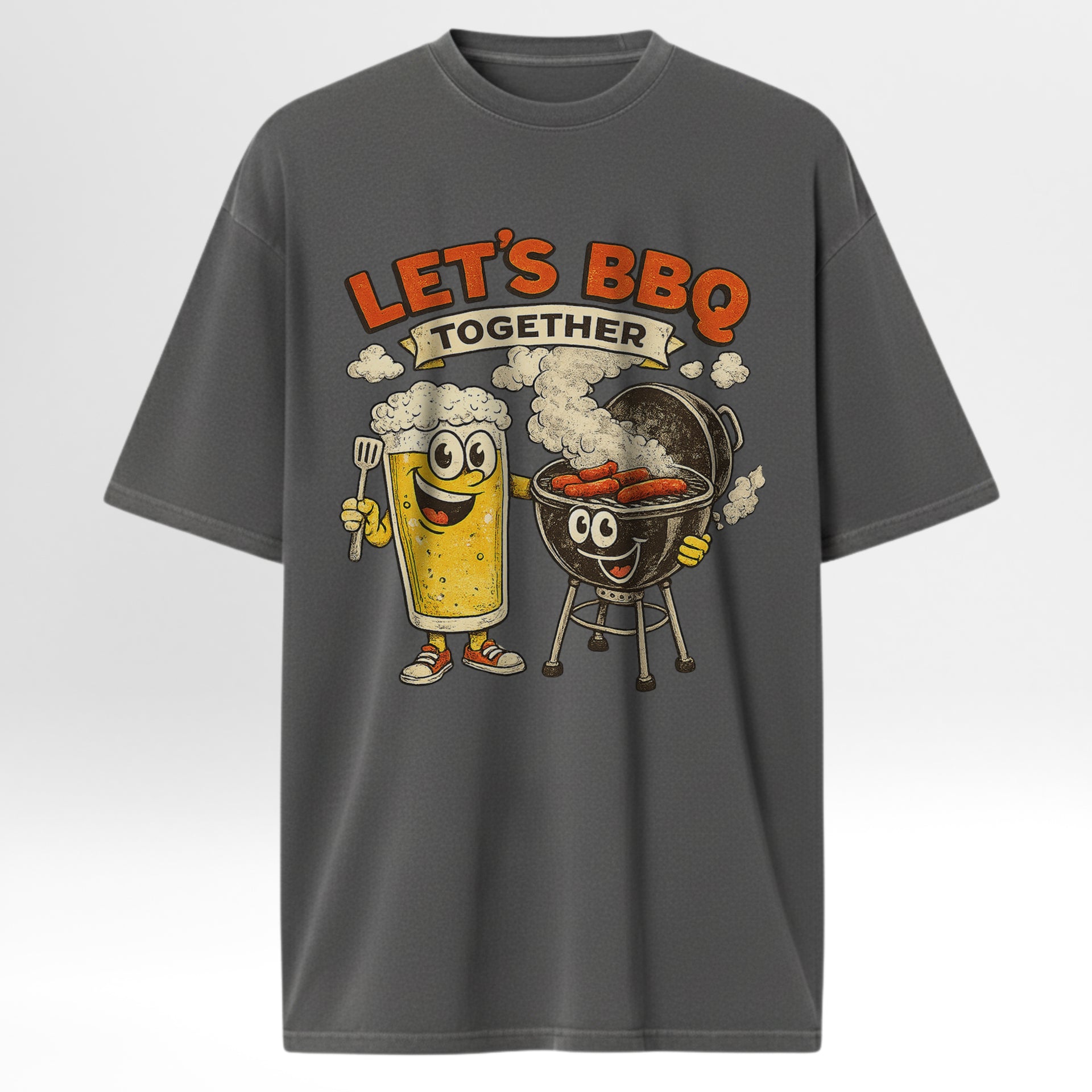 Gray outdoor t-shirt with cartoon beer mug and grill graphic and 'Let's BBQ Together' text.