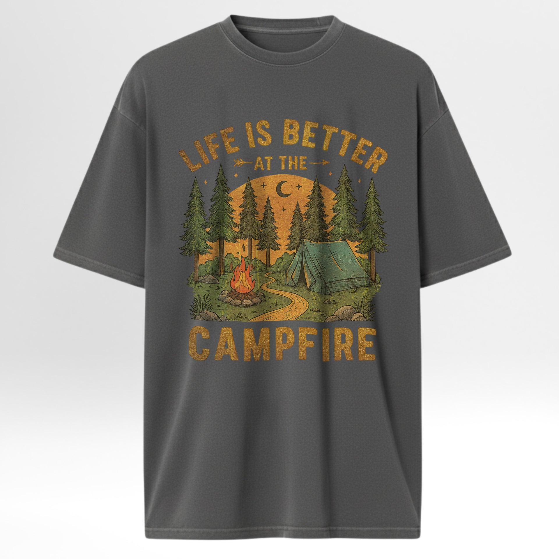 Gray camping t-shirt with 'Life is Better at the Campfire' graphic design.