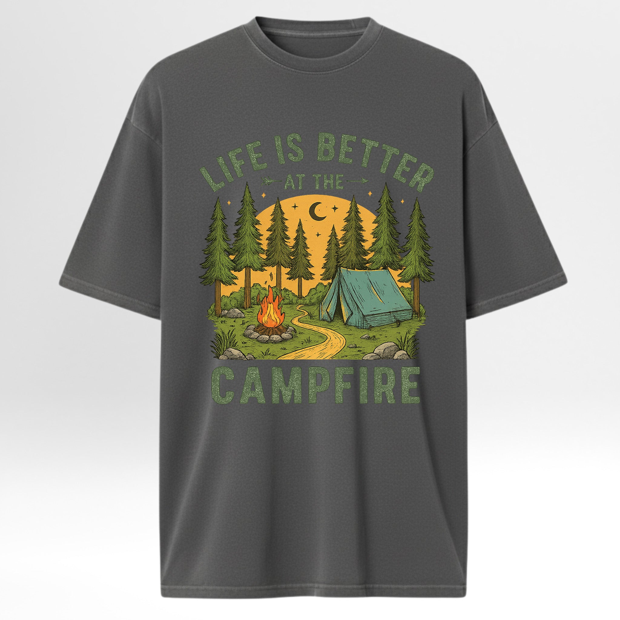 Gray camping graphic t-shirt with a camping graphic and 'Life is Better at the Campfire' text on a white background