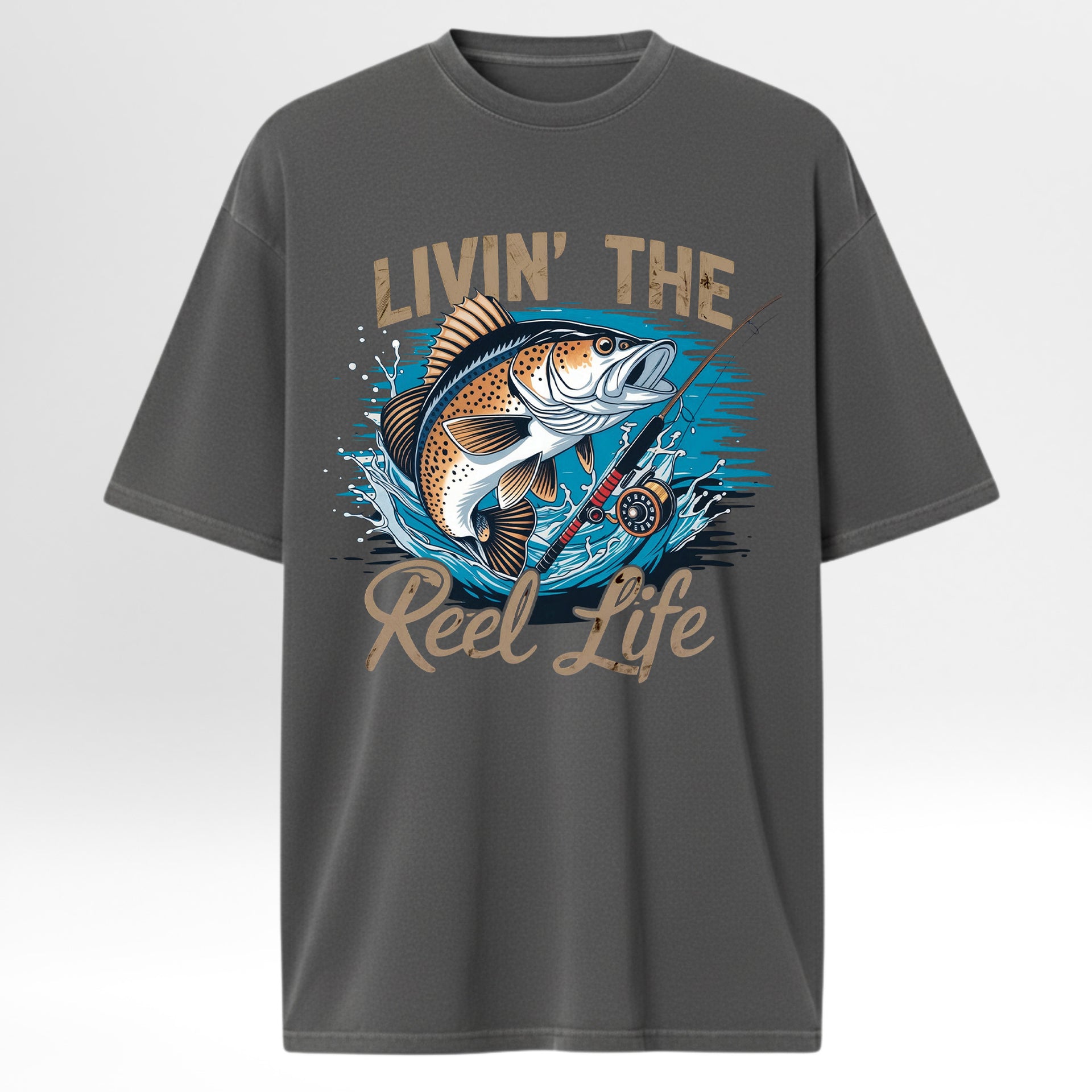 Gray fishing graphic t-shirt with a fish graphic and 'Livin' The Reel Life' text 