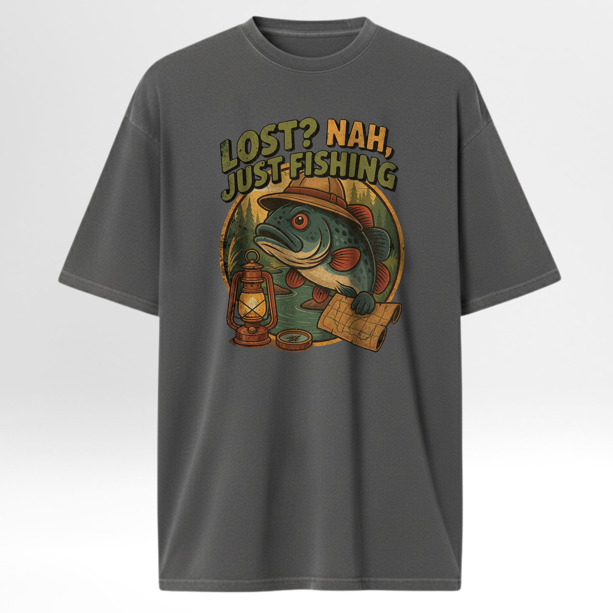 Gray fishing t-shirt with a fishing-themed graphic and text 'Lost? Nah, Just Fishing'.