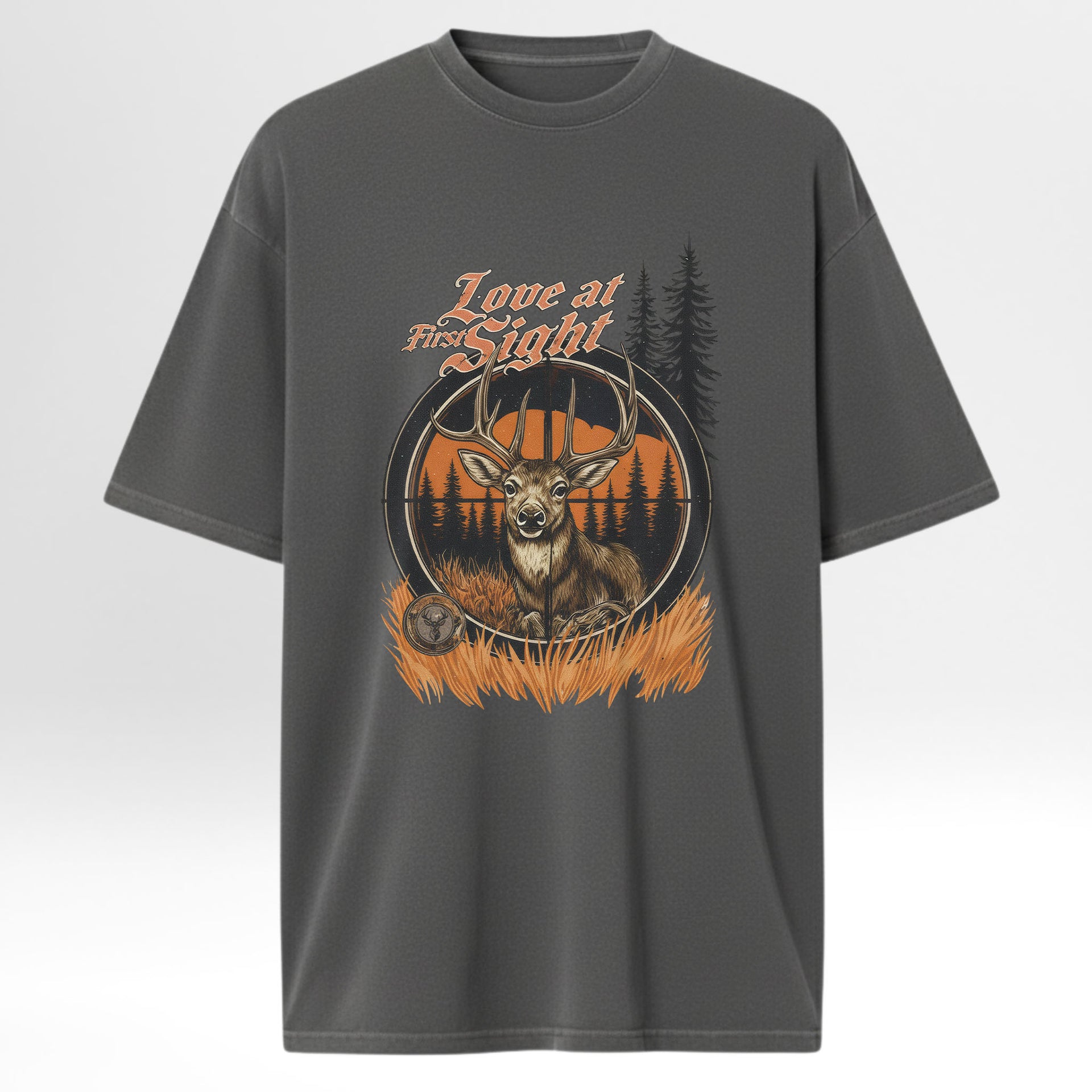 Gray hunting graphic t-shirt with a deer graphic and 'Love at First Sight' text 