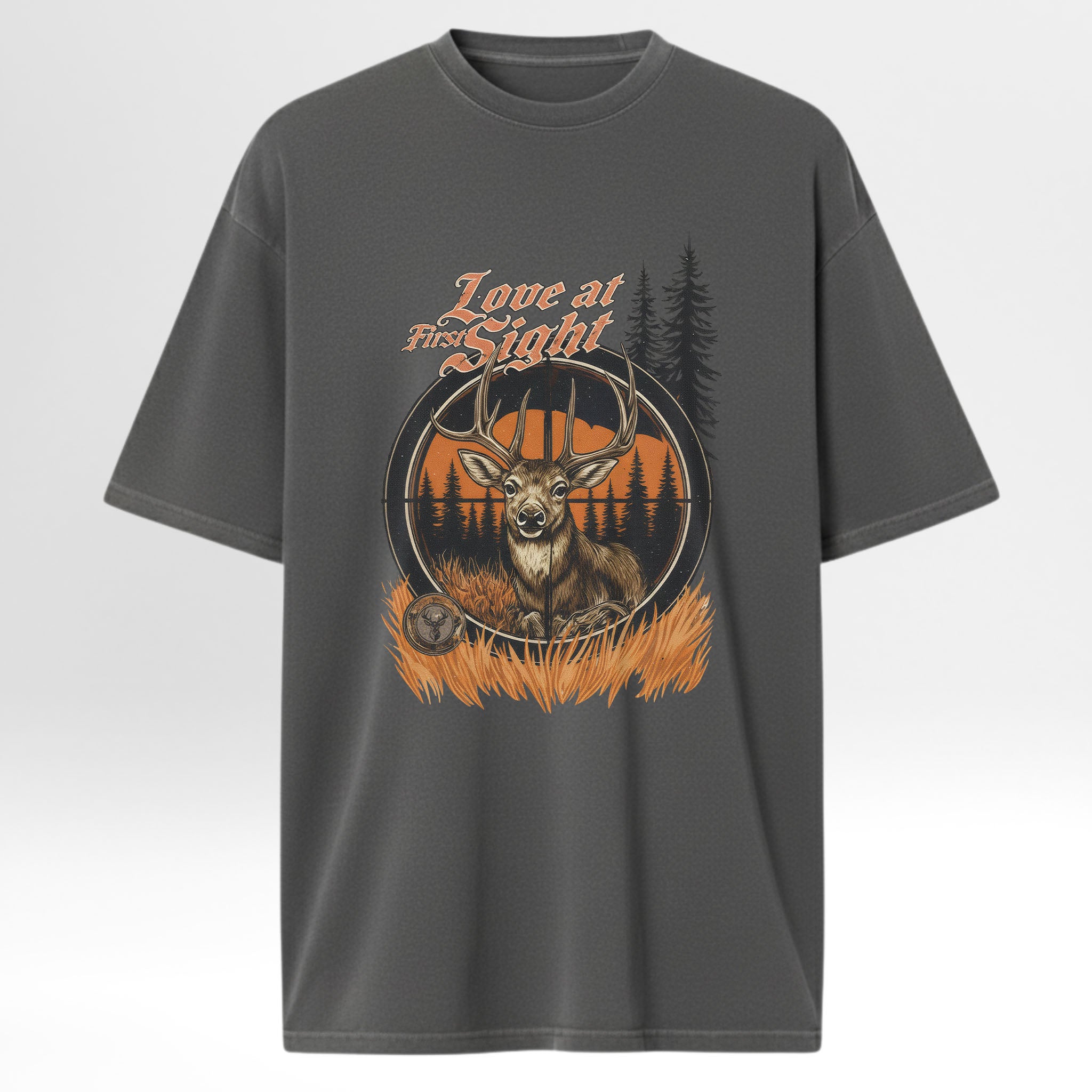 Gray hunting graphic t-shirt with a deer graphic and 'Love at First Sight' text 