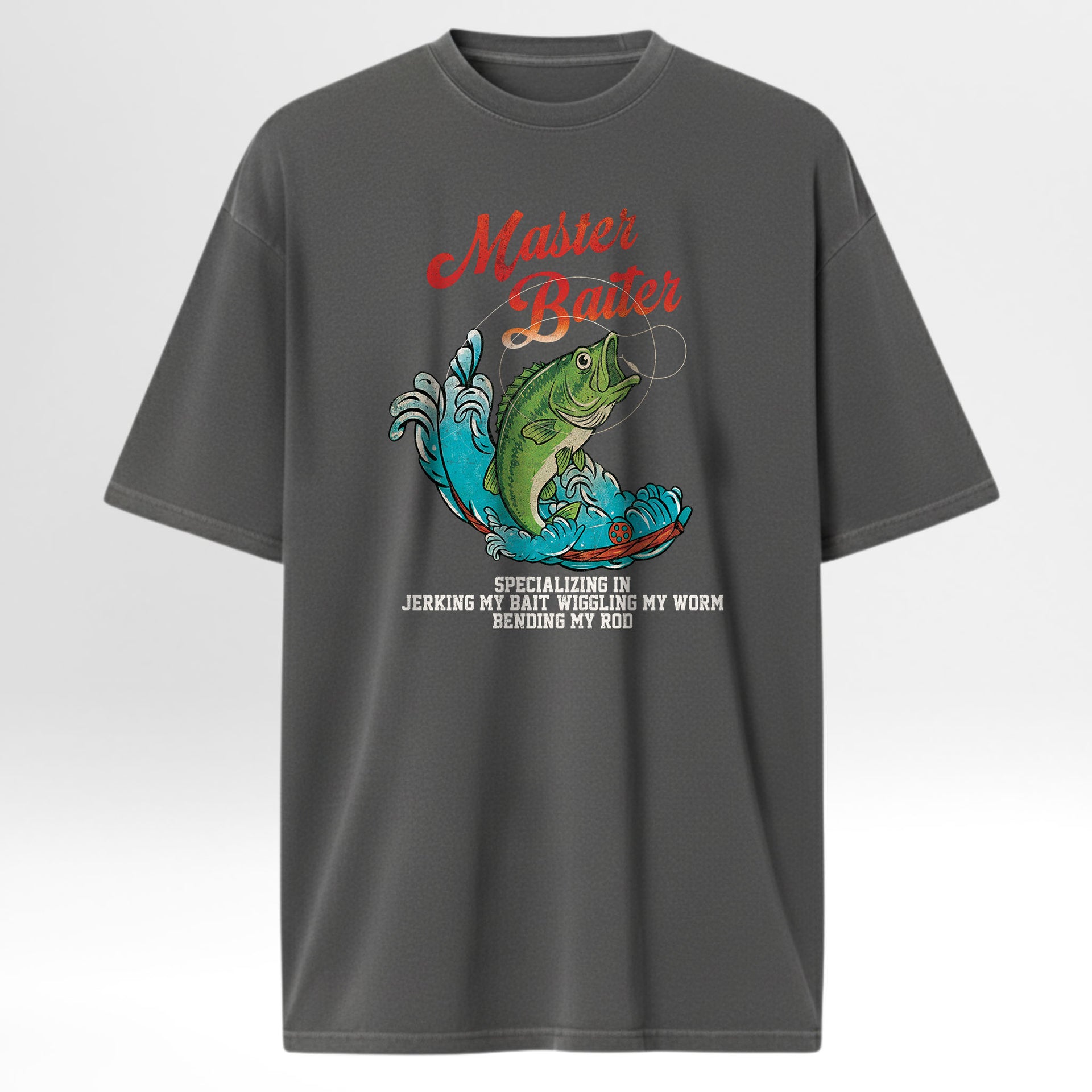Gray fishing t-shirt with a fishing graphic and text.