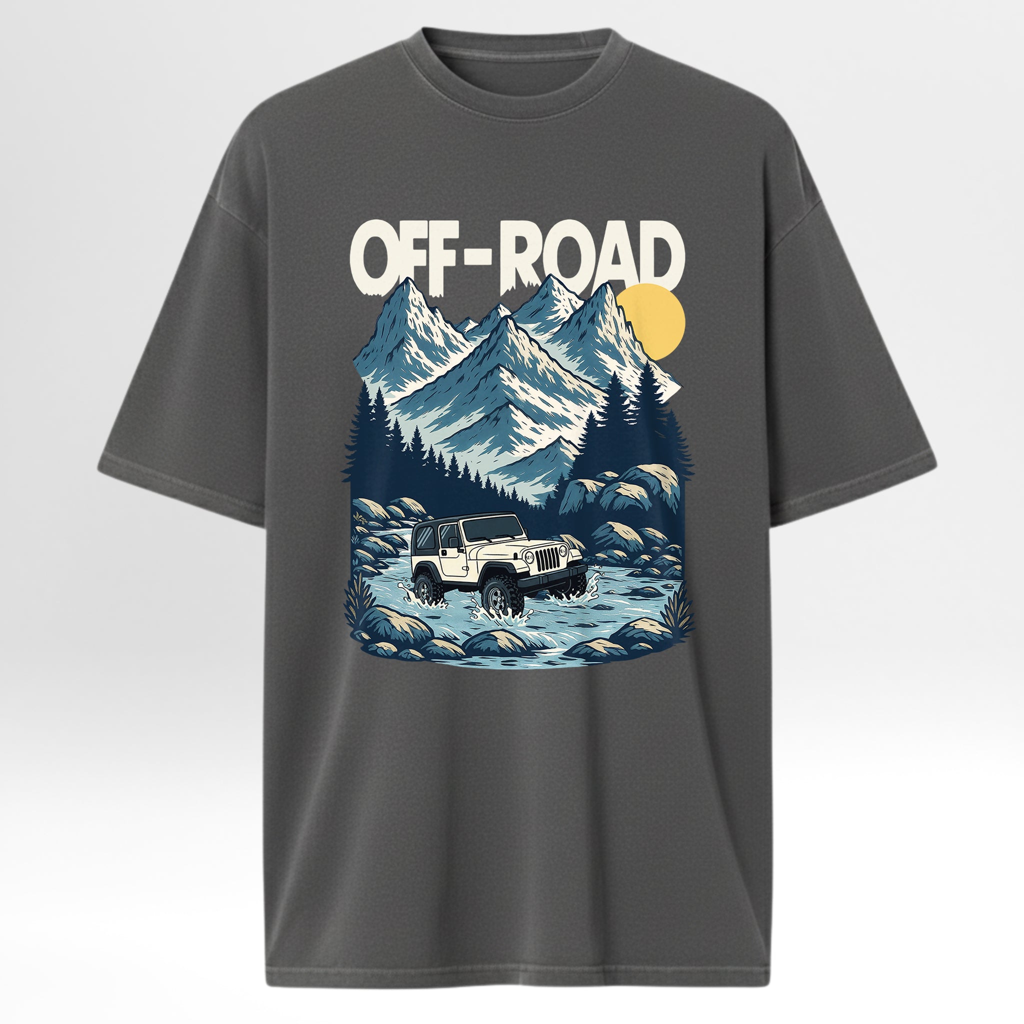 Gray t-shirt with 'OFF-ROAD' graphic design featuring a mountain and jeep on a light gray background