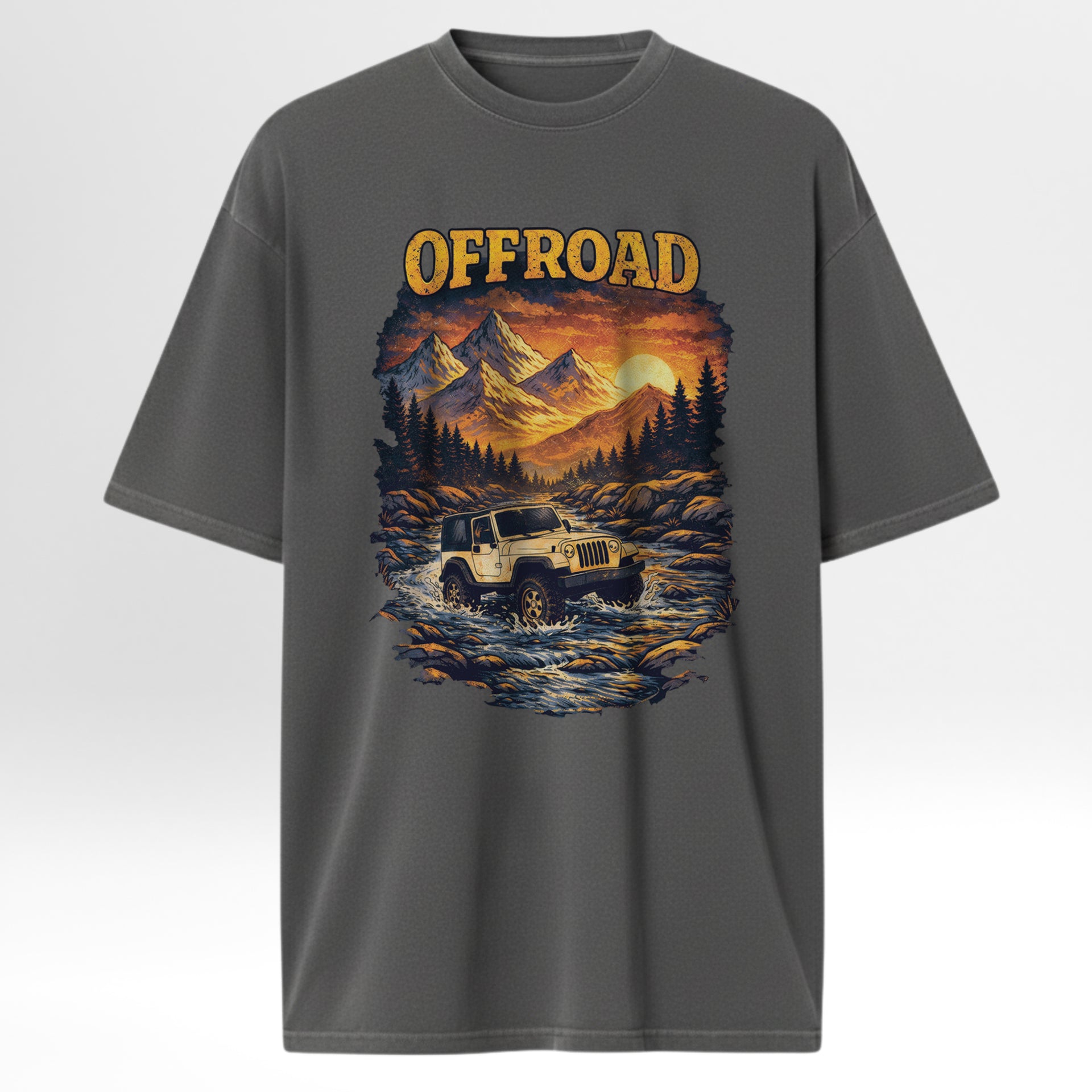 Gray outdoor t-shirt with 'Offroad' graphic design featuring a jeep and mountain landscape.