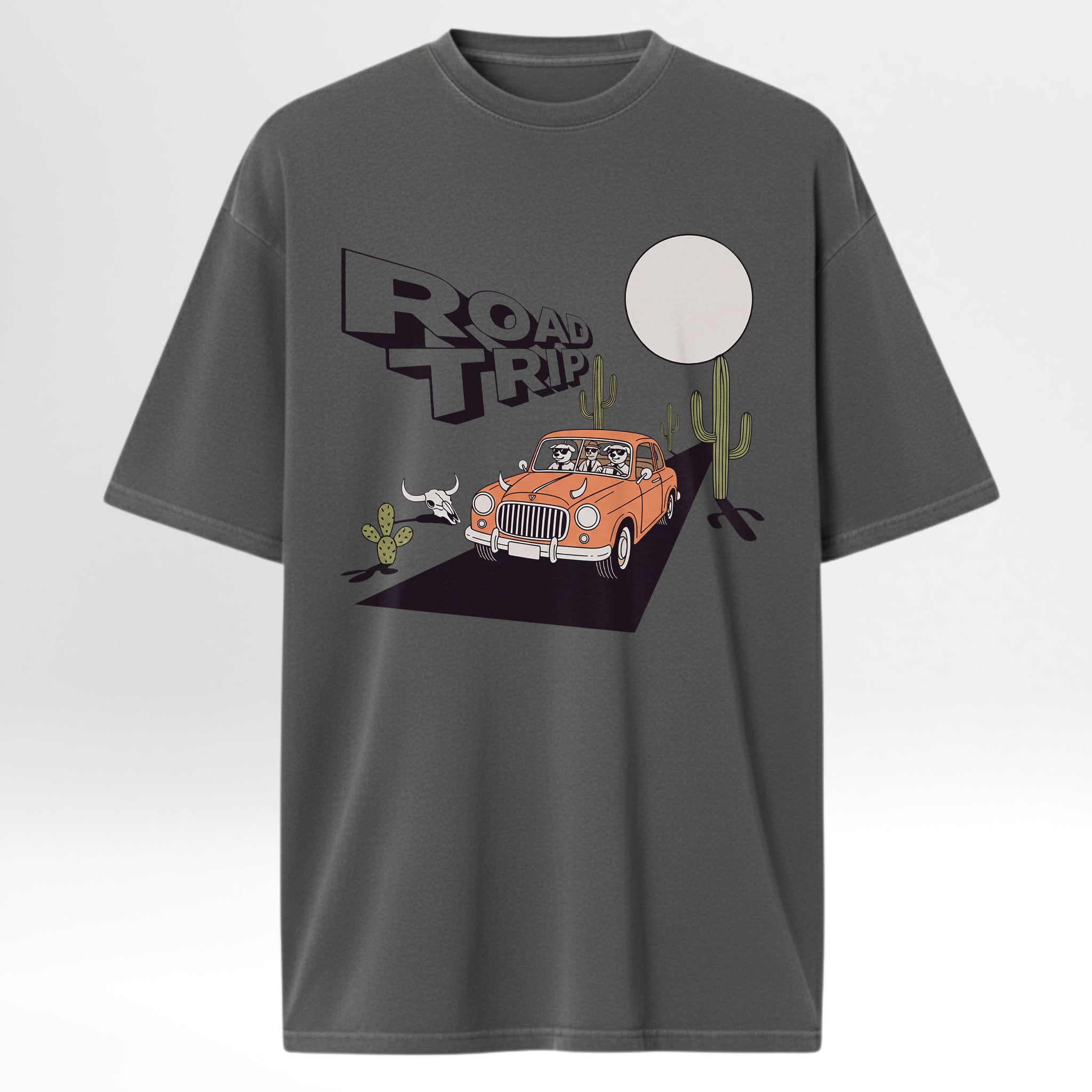 Gray t-shirt with a 'Road Trip' graphic featuring a car and cacti 