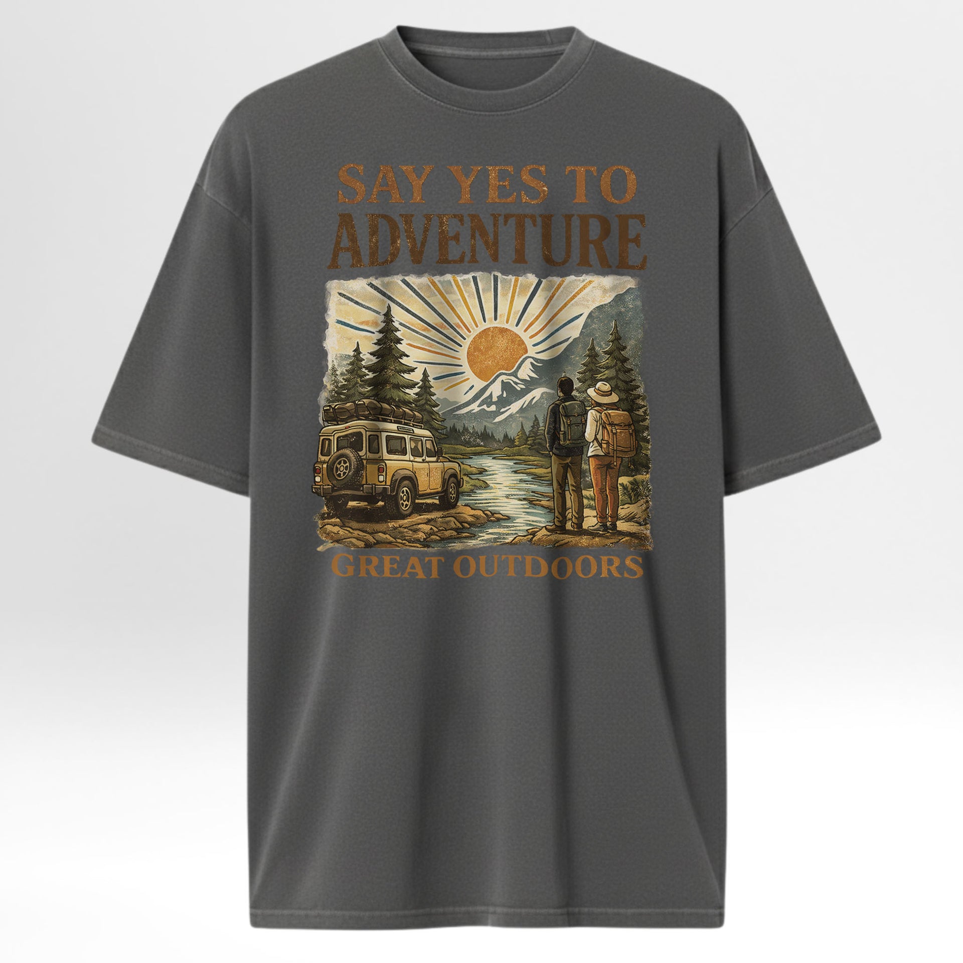 Gray outdoor t-shirt with 'Say Yes to Adventure' graphic.