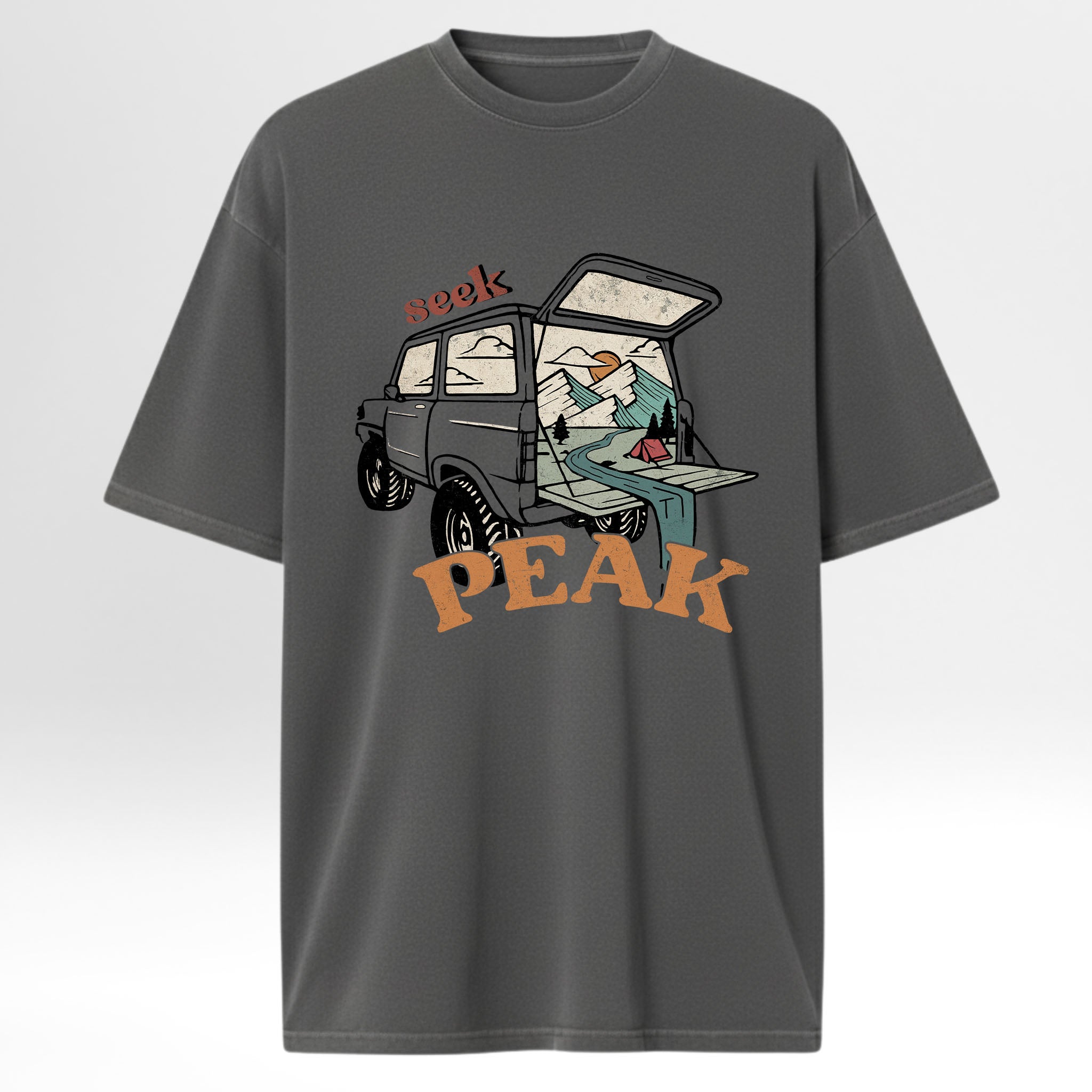 Gray t-shirt with graphic design of a car and text 'Seek Peak'