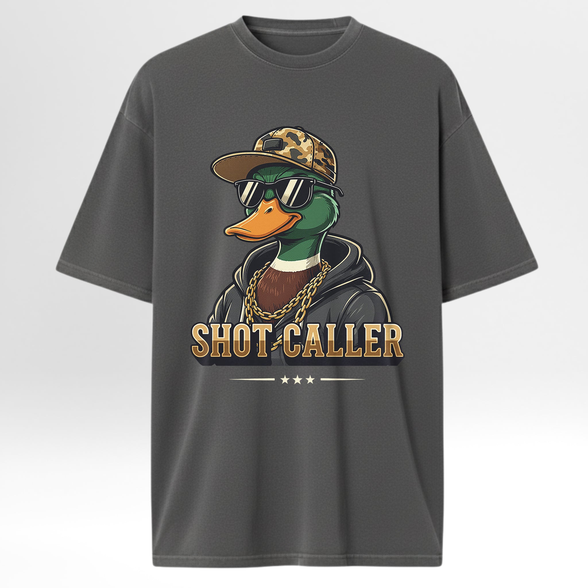 Gray hunting graphic t-shirt with a duck graphic and 'Shot Caller' text on a white background