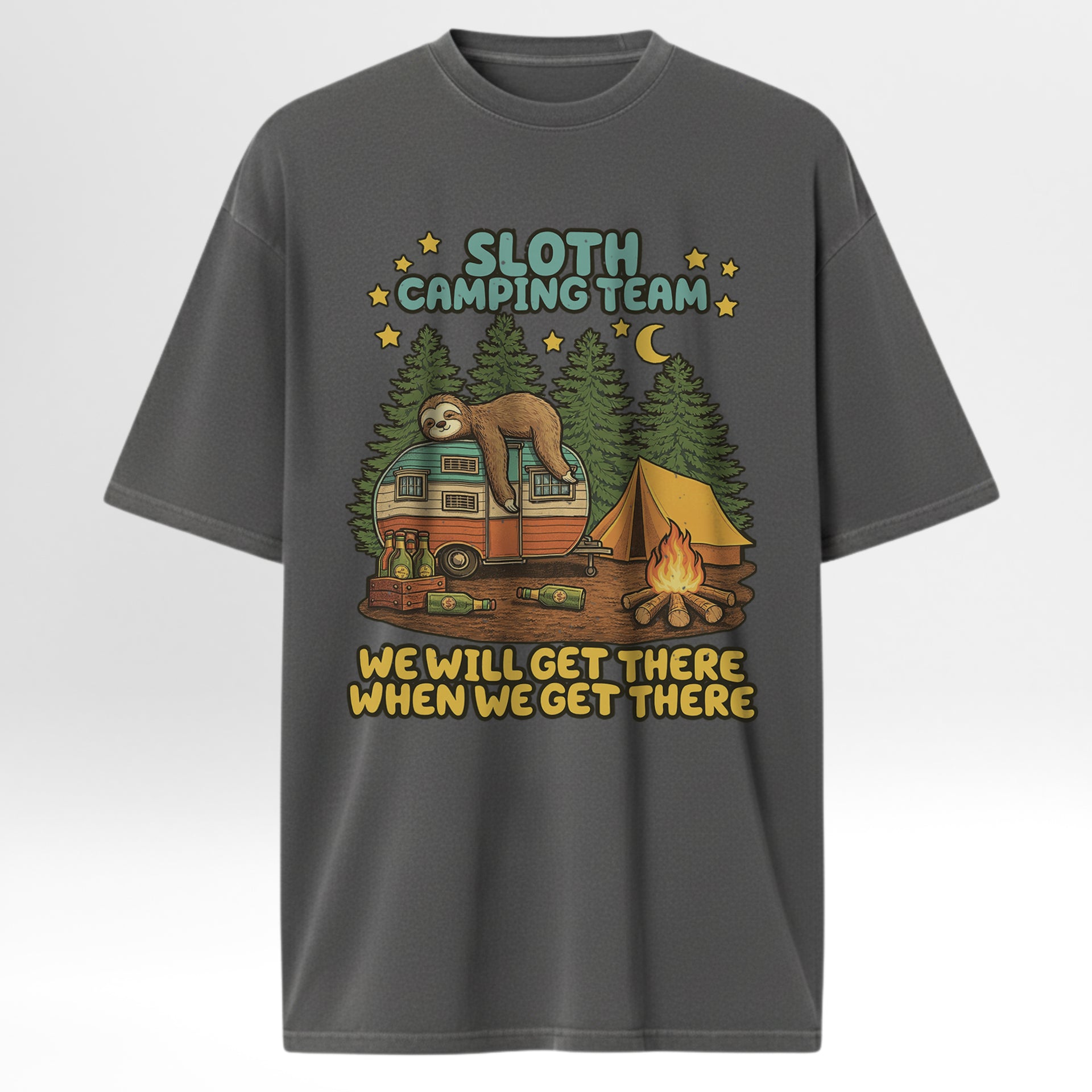 Gray camping t-shirt with a sloth camping graphic and text 'Sloth Camping Team We Will Get There When We Get There'.