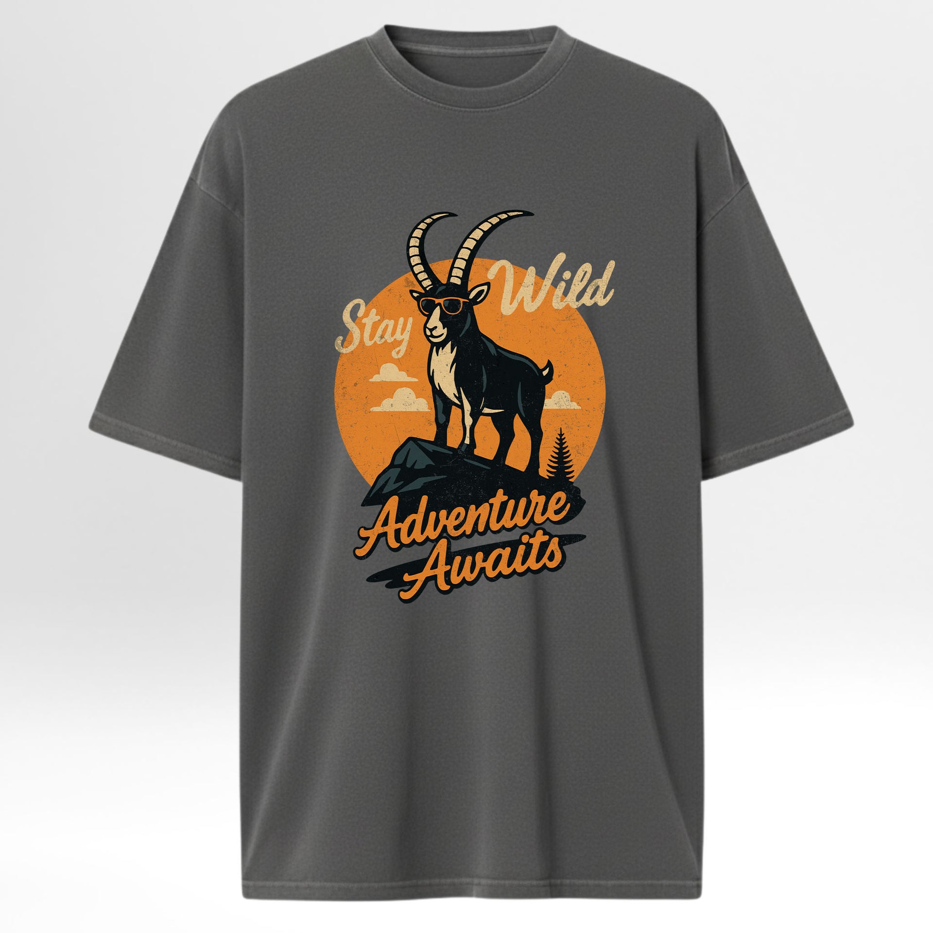 Gray hunting graphic t-shirt with a graphic of a goat and text 'Stay Wild Adventure Awaits' 