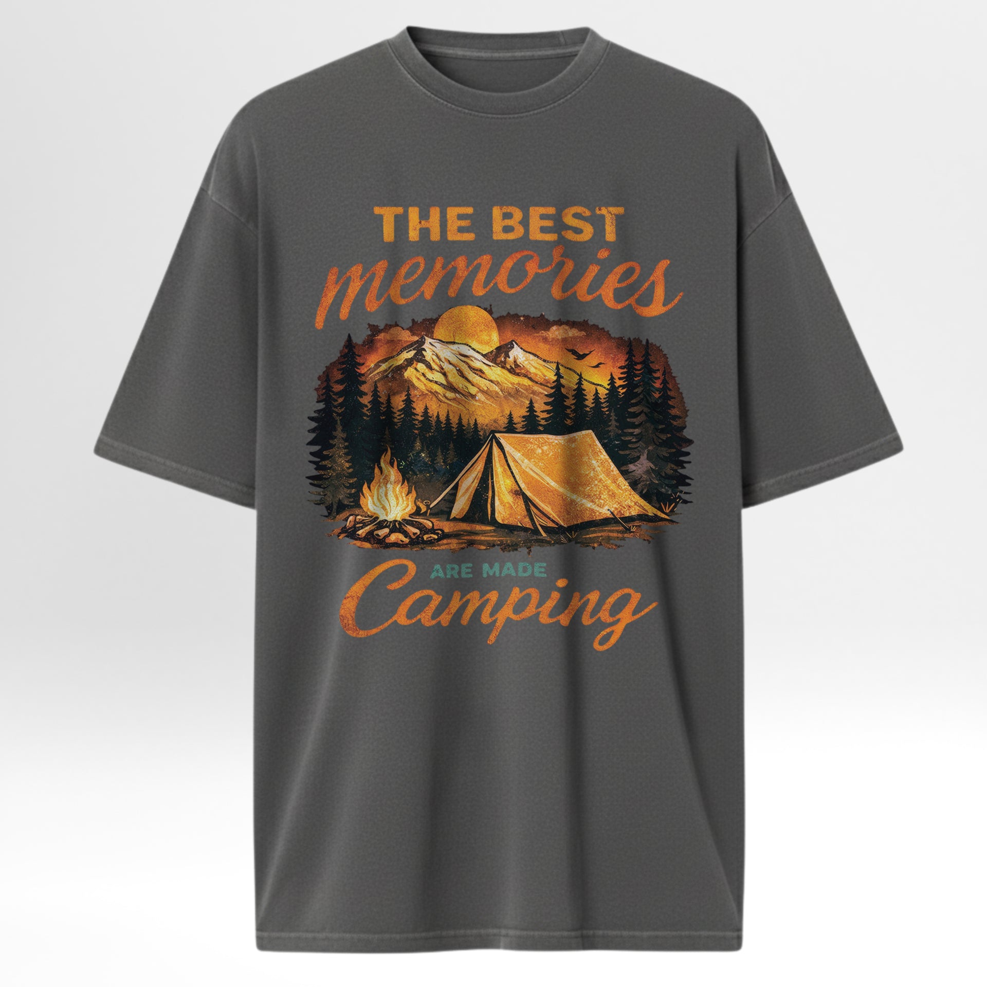 Gray camping t-shirt with a camping graphic and text 'The Best Memories Are Made Camping'.