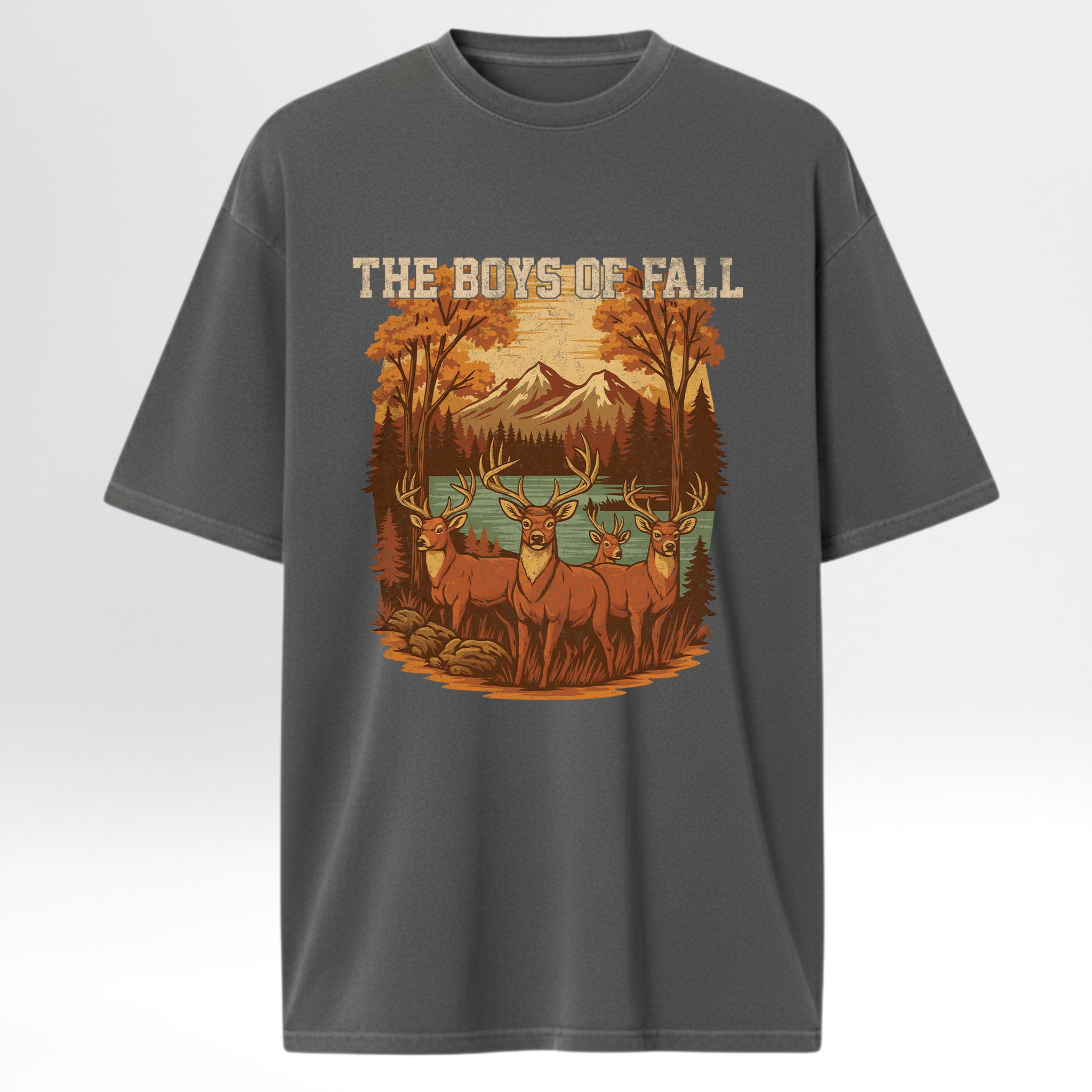 Gray hunting graphic t-shirt with a graphic of deer and mountains and 'The Boys of Fall' text on a white background