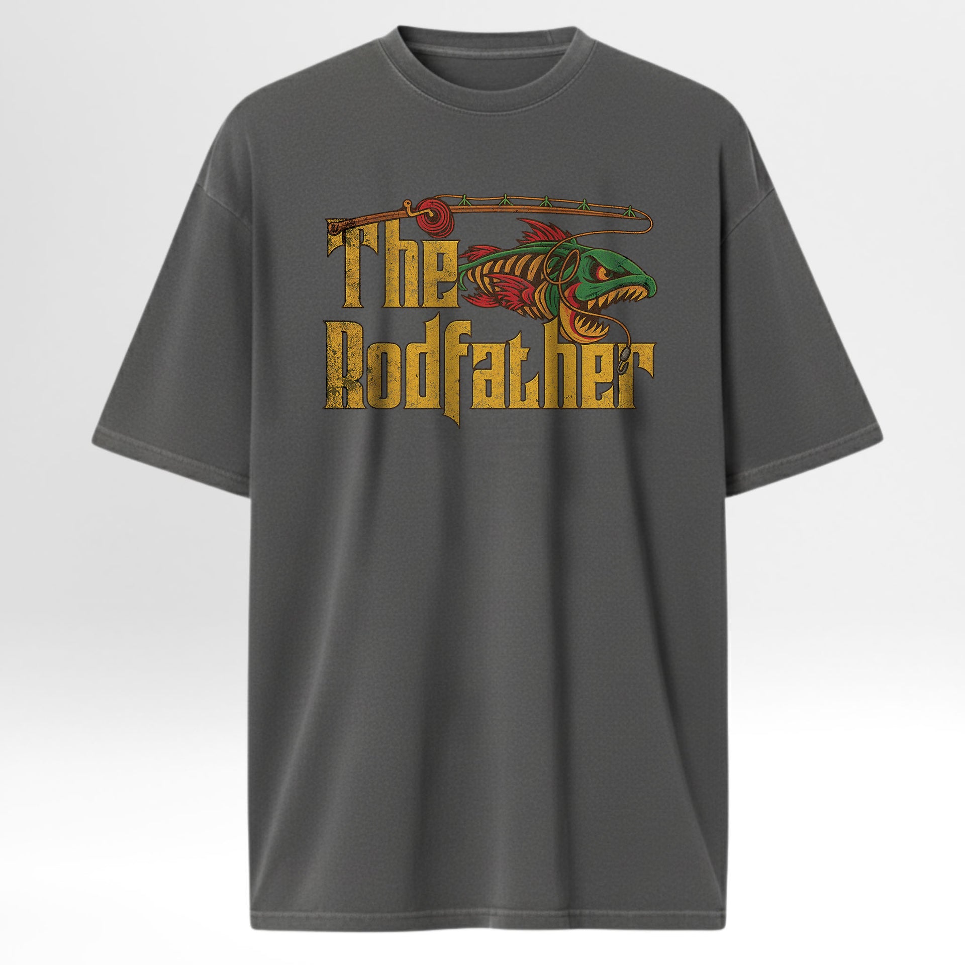 Gray fishing t-shirt with 'The Rodfather' graphic design.
