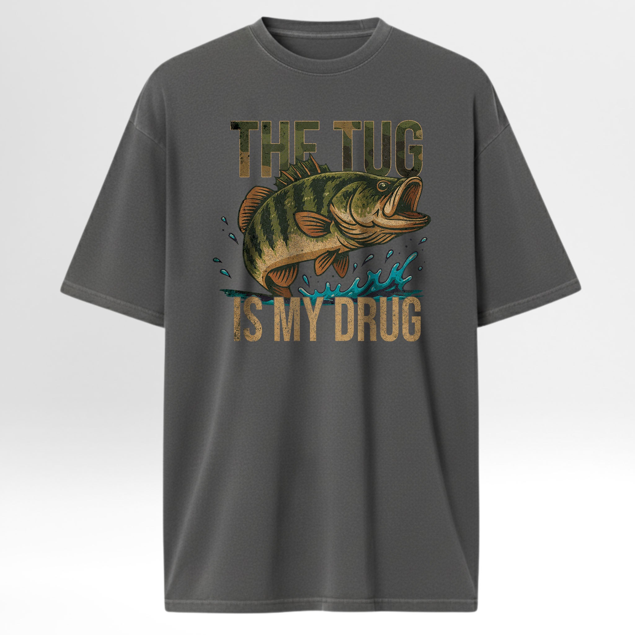 Gray fishing t-shirt with a fish graphic and text on a white background